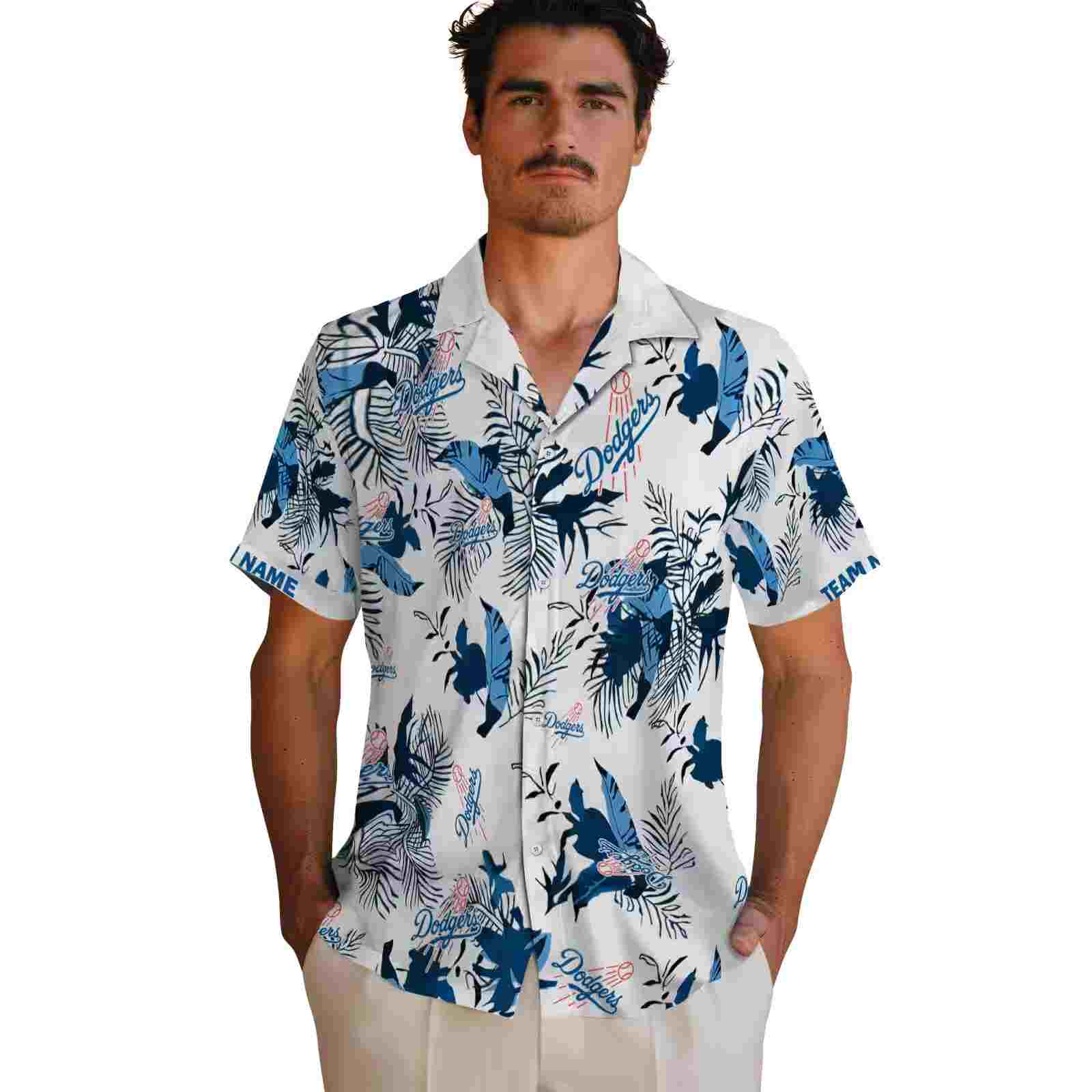 custom los angeles dodgers botanical theme blue white hawaiian shirt fashion forward