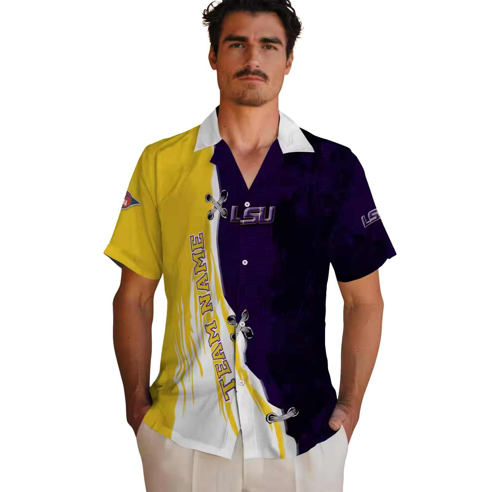 custom lsu tigers edgy streaks purple white hawaiian shirt fashion forward