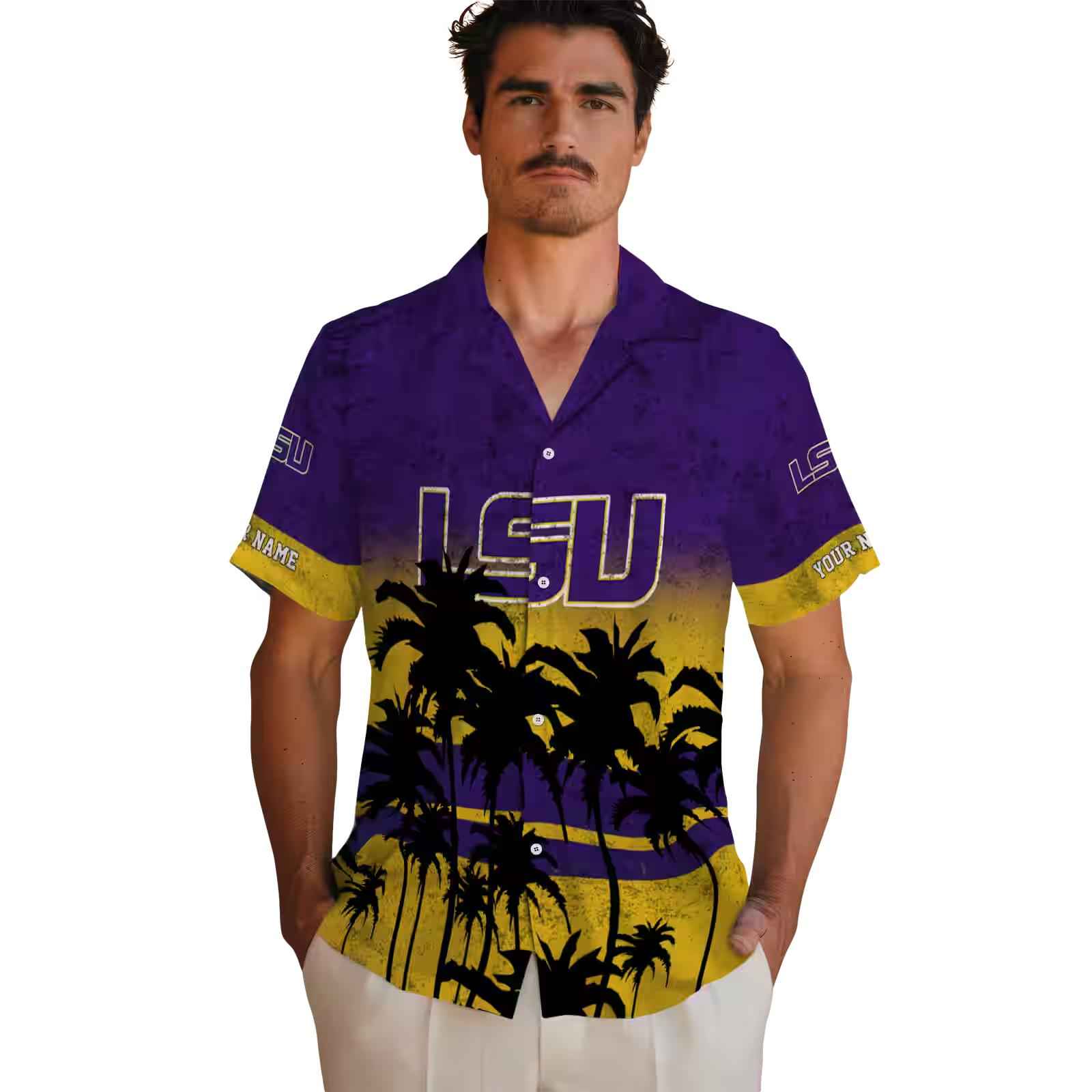 custom lsu tigers sunset pattern purple black hawaiian shirt fashion forward