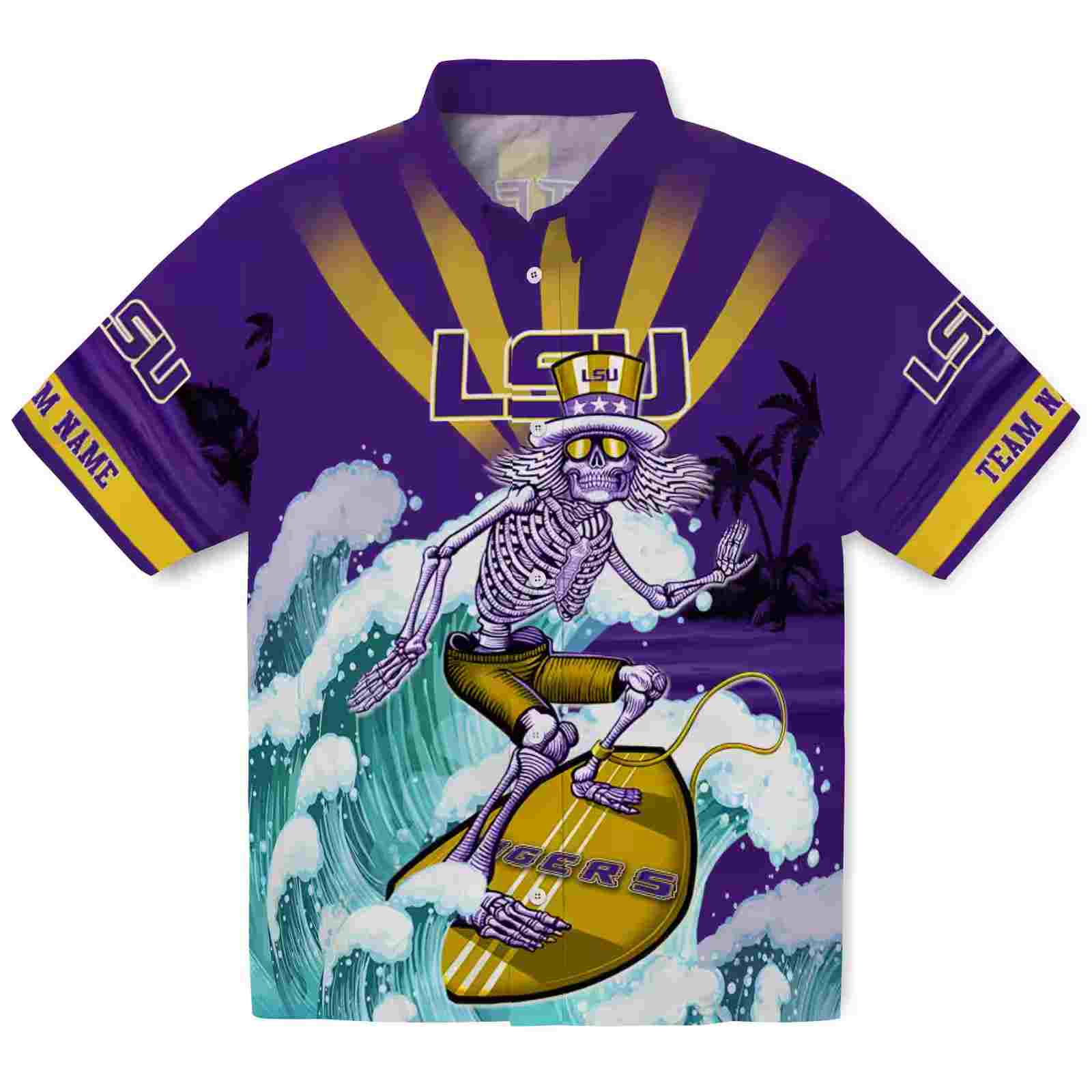 Custom LSU Tigers Surfing Skeleton Purple Blue Hawaiian Shirt