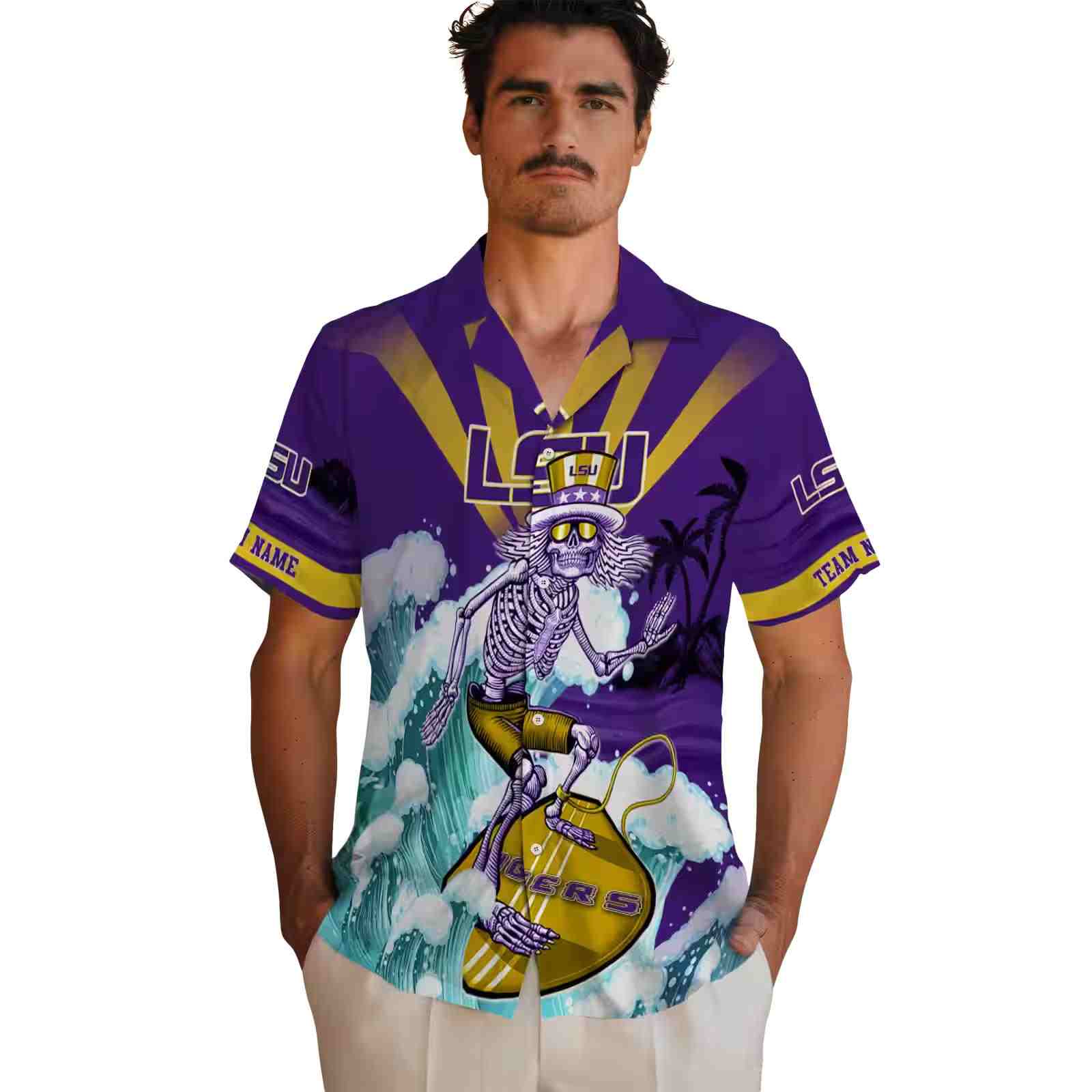 custom lsu tigers surfing skeleton purple blue hawaiian shirt fashion forward