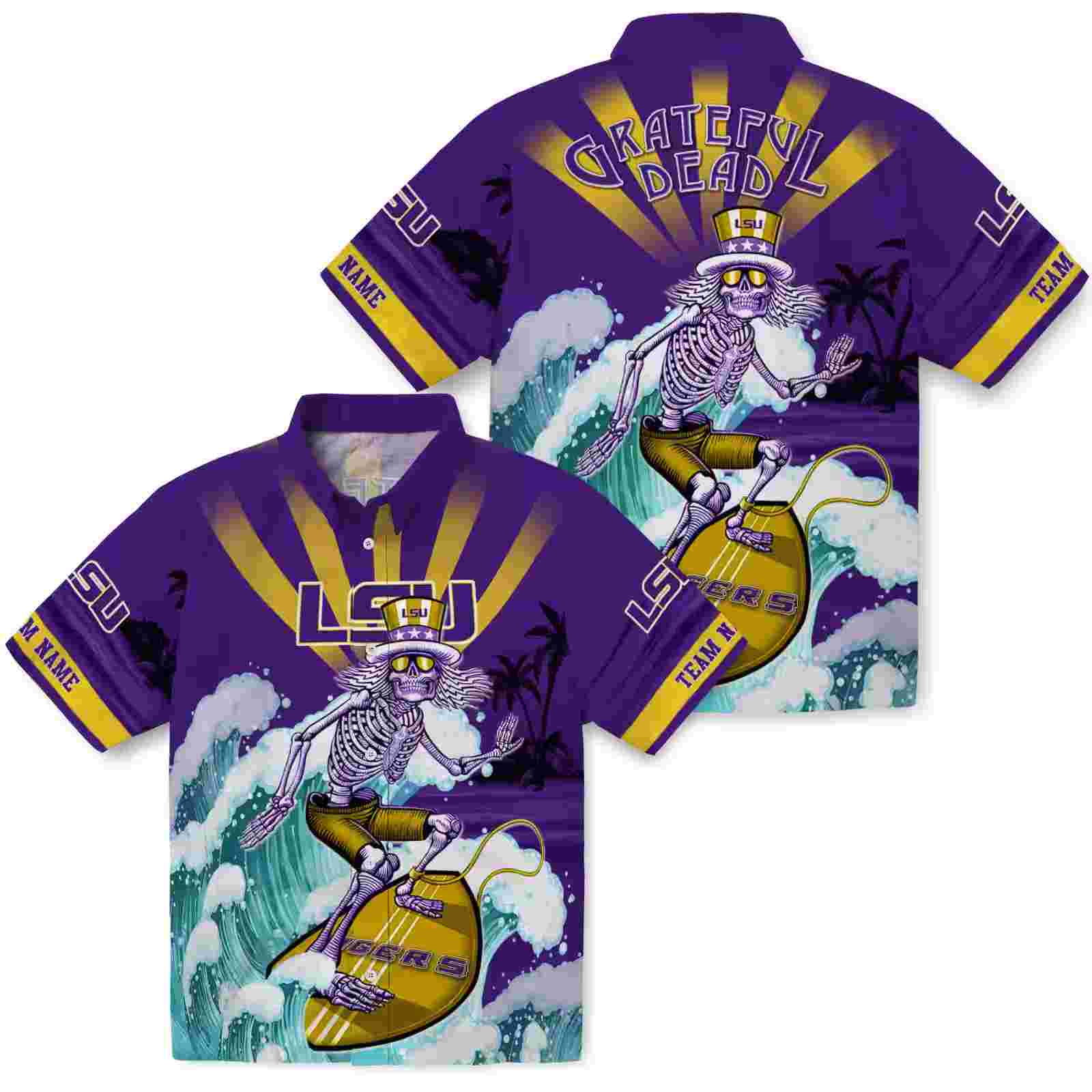 custom lsu tigers surfing skeleton purple blue hawaiian shirt high quality