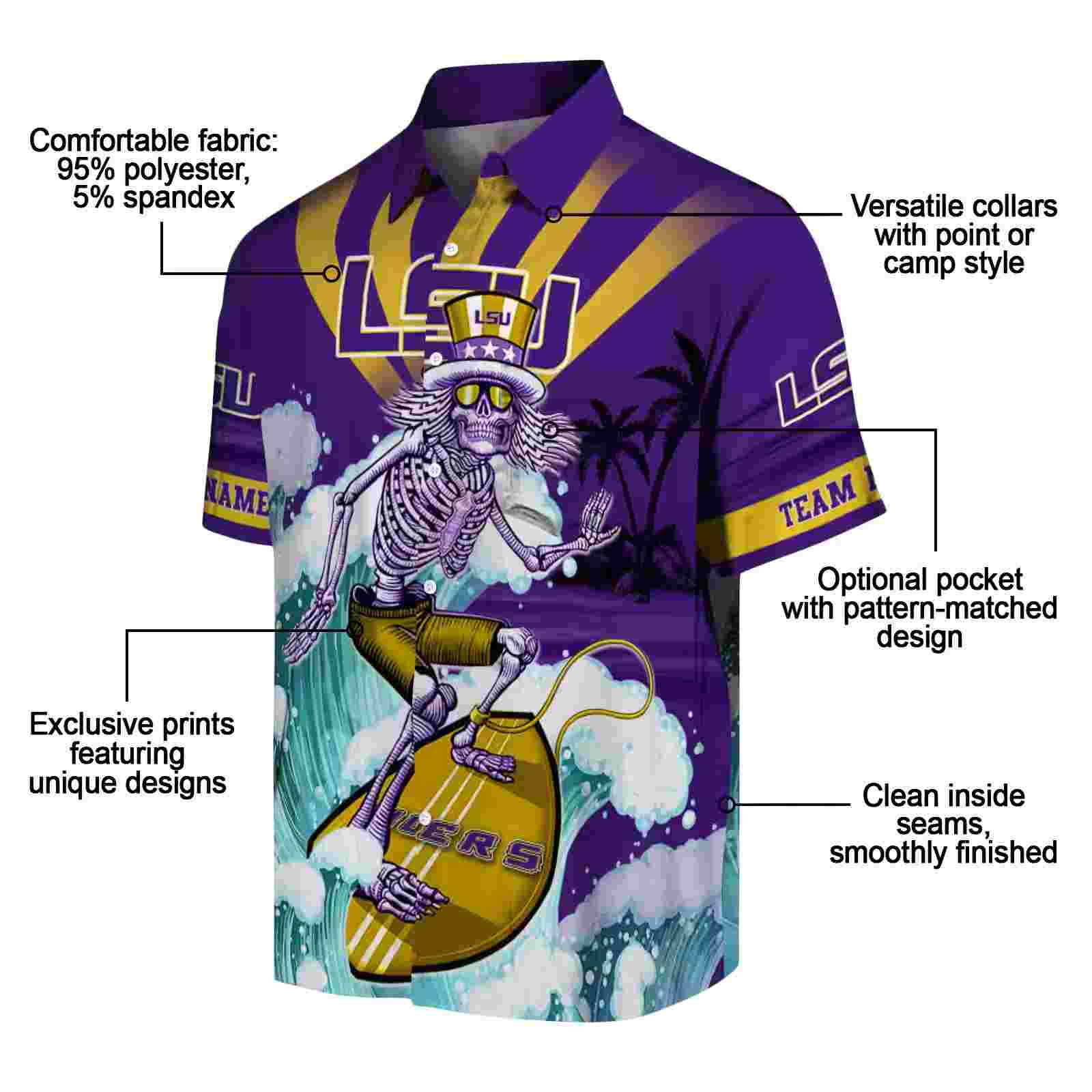 custom lsu tigers surfing skeleton purple blue hawaiian shirt new arrival