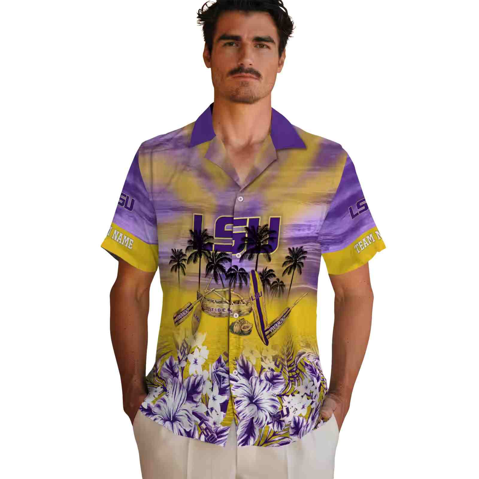 custom lsu tigers tropical canoe purple hawaiian shirt fashion forward