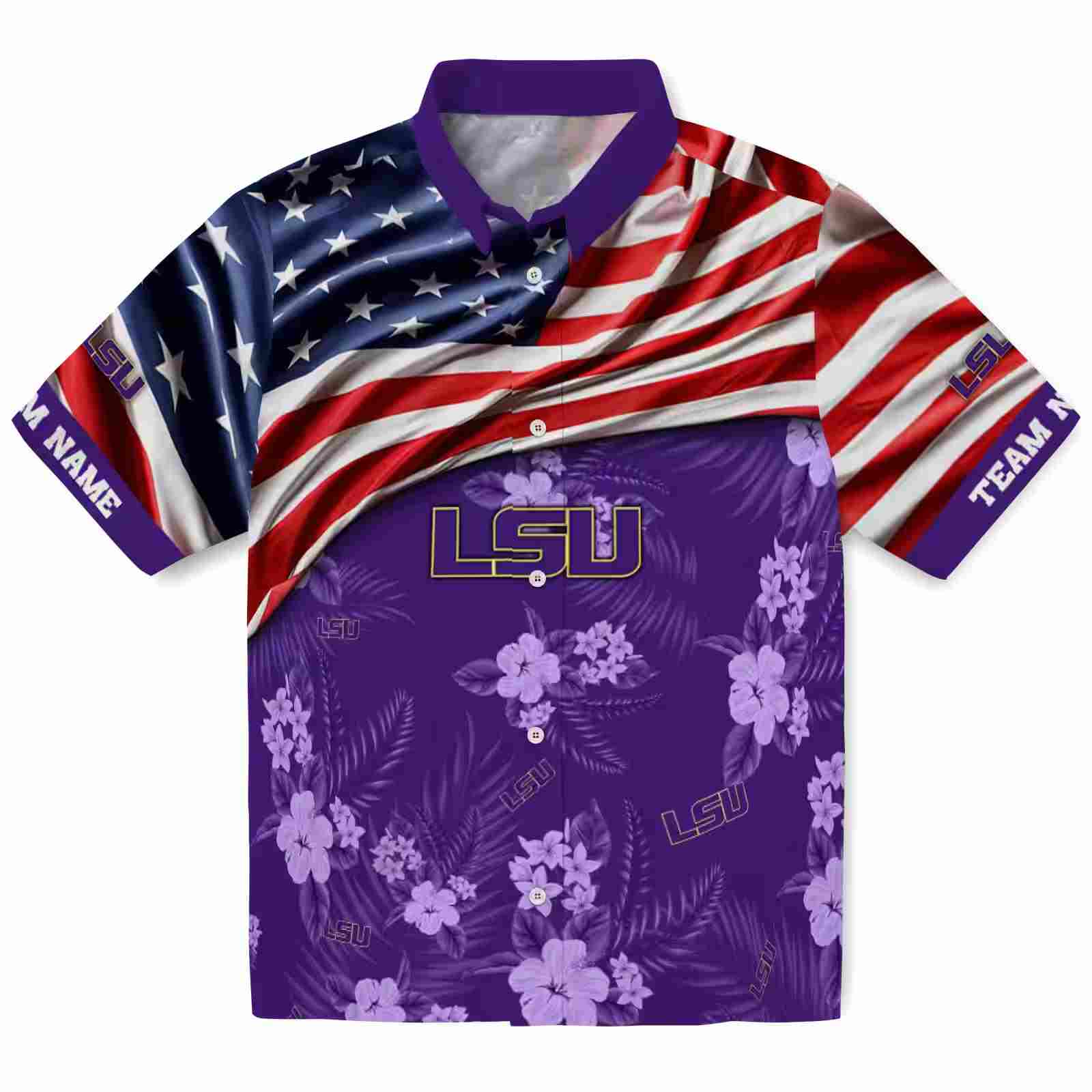 Custom LSU Tigers US Flag Hibiscus Purple Hawaiian Shirt