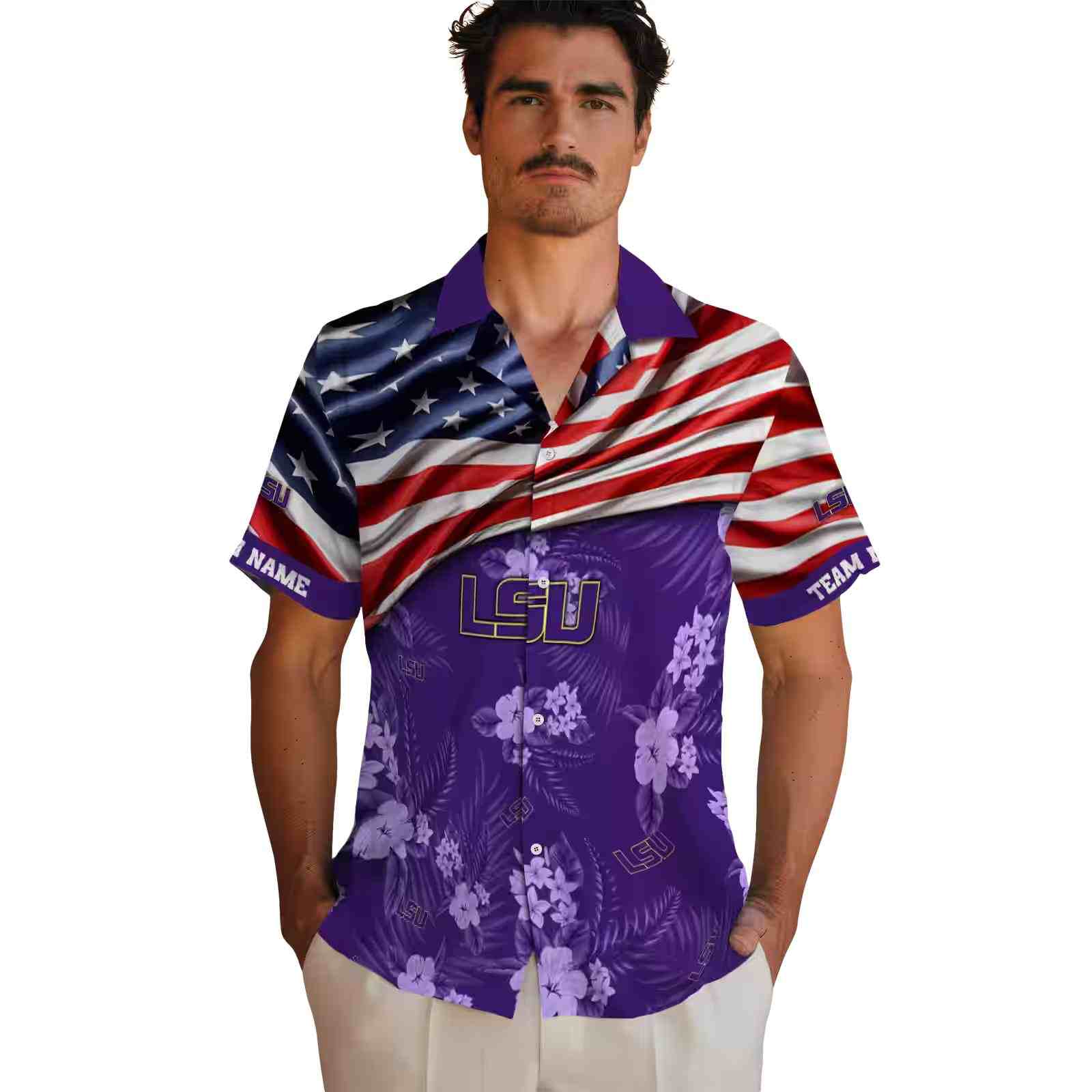 custom lsu tigers us flag hibiscus purple hawaiian shirt fashion forward