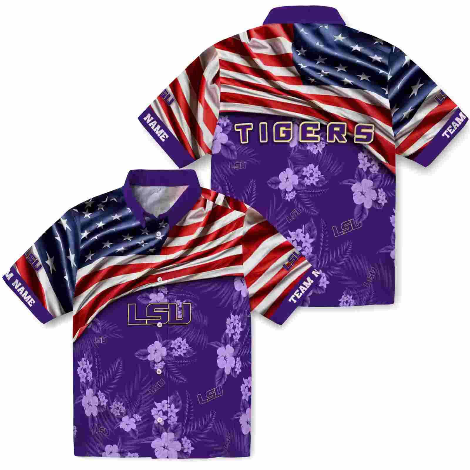 custom lsu tigers us flag hibiscus purple hawaiian shirt high quality