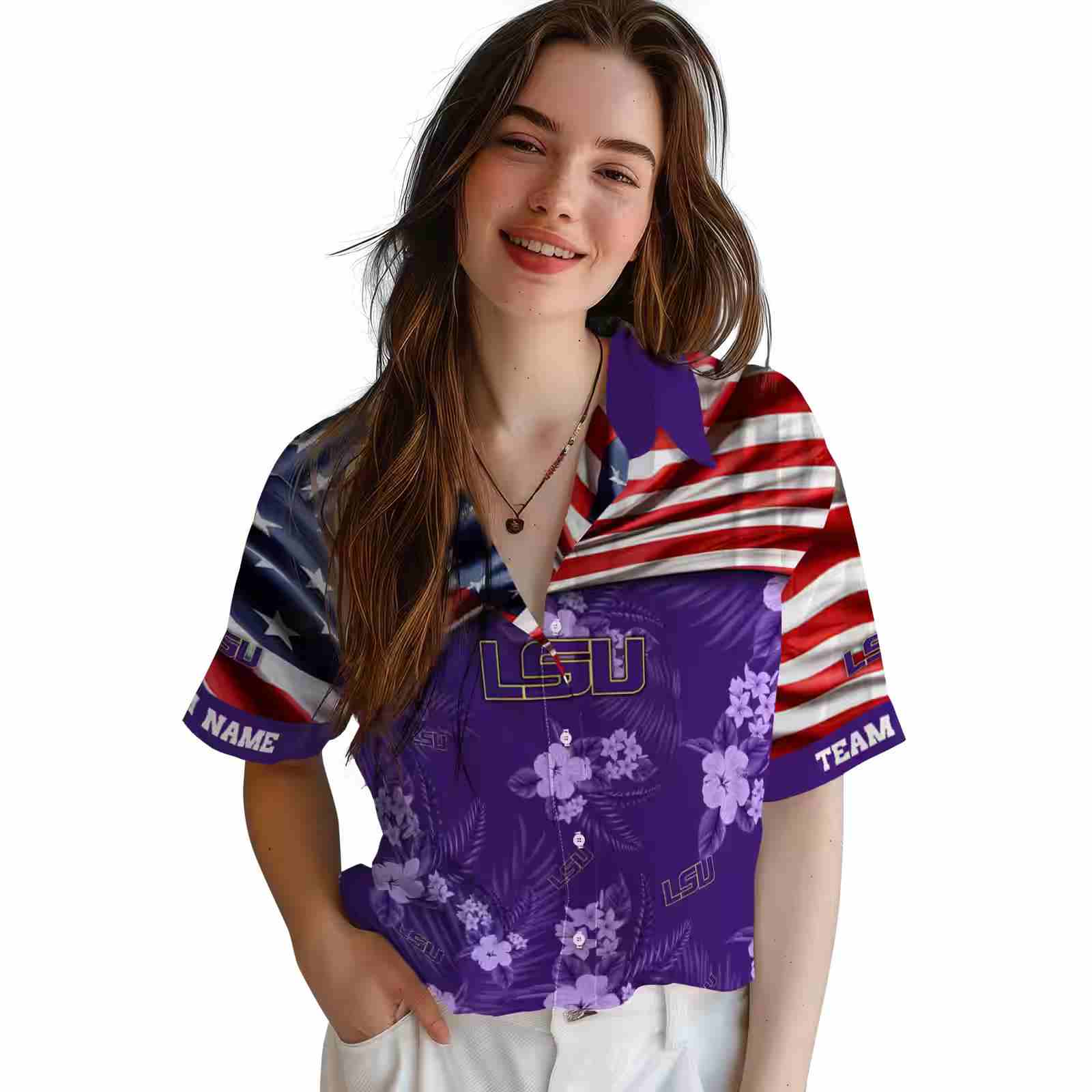 custom lsu tigers us flag hibiscus purple hawaiian shirt latest model