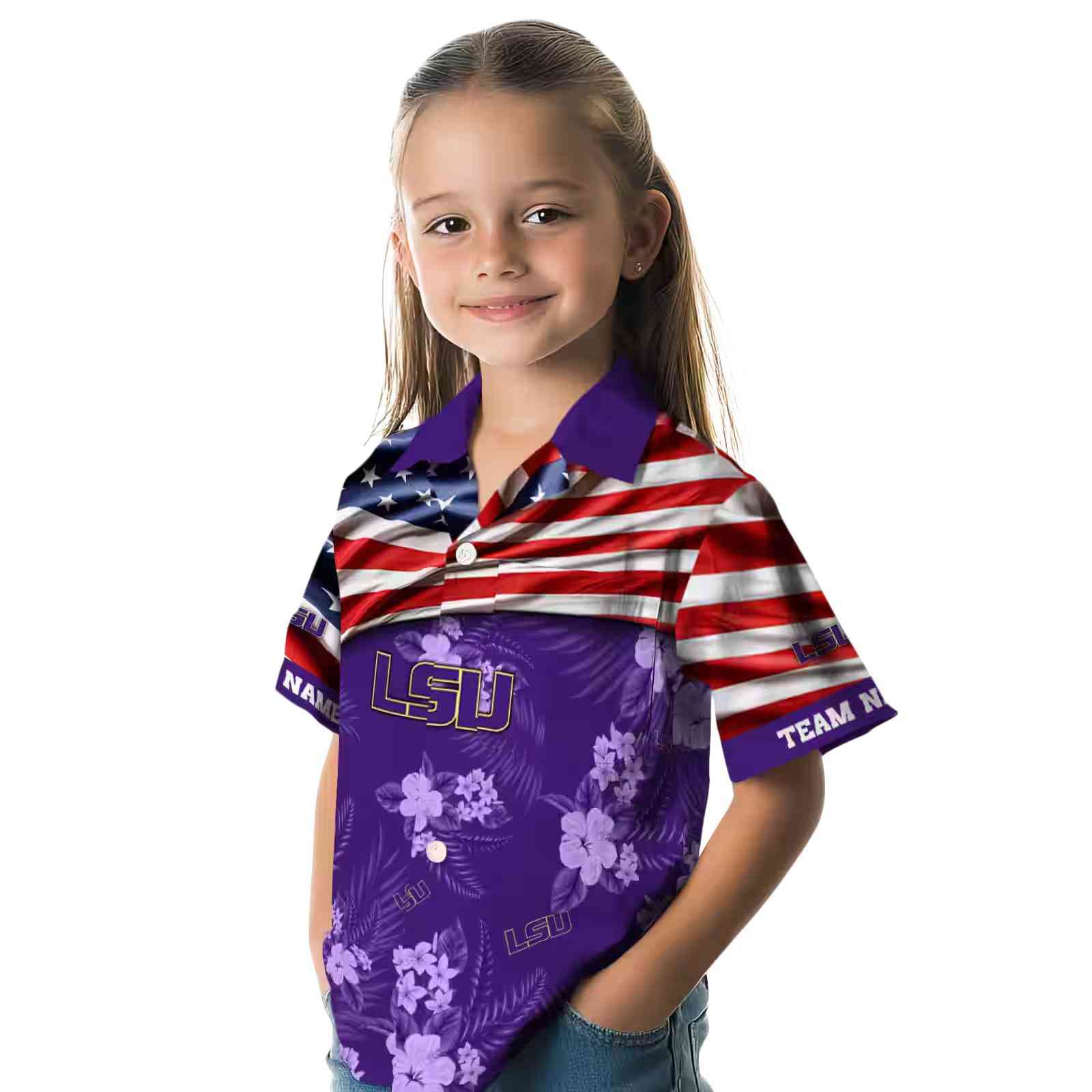 custom lsu tigers us flag hibiscus purple hawaiian shirt premium grade