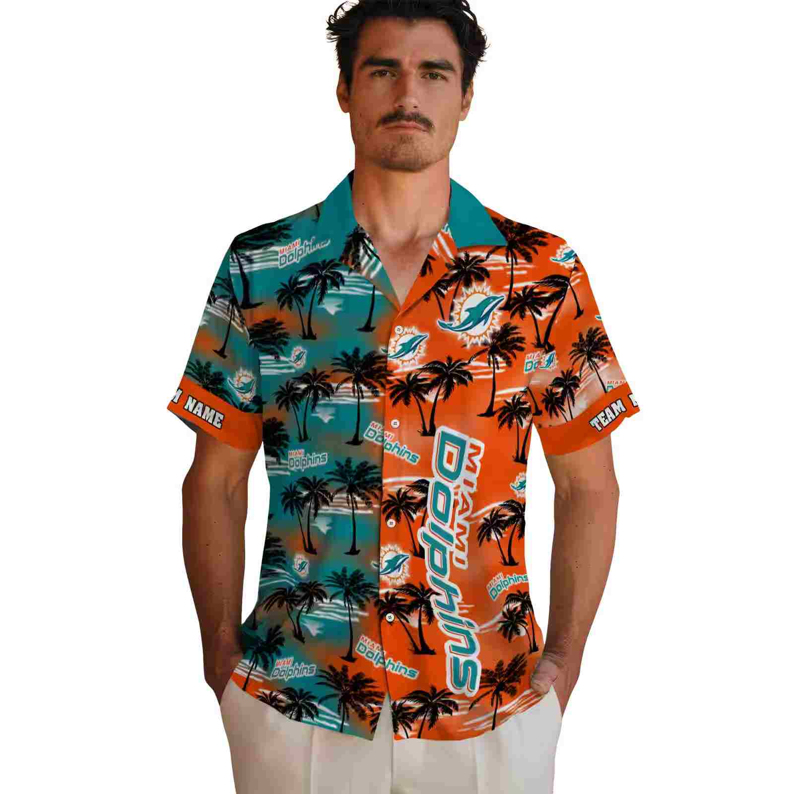 custom miami dolphins palm silhouettes aqua hawaiian shirt fashion forward