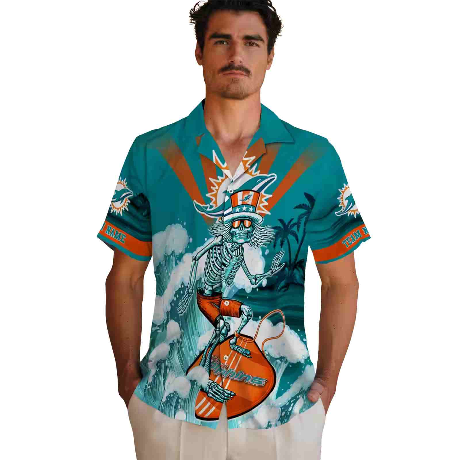 custom miami dolphins surfing skeleton aqua blue hawaiian shirt fashion forward