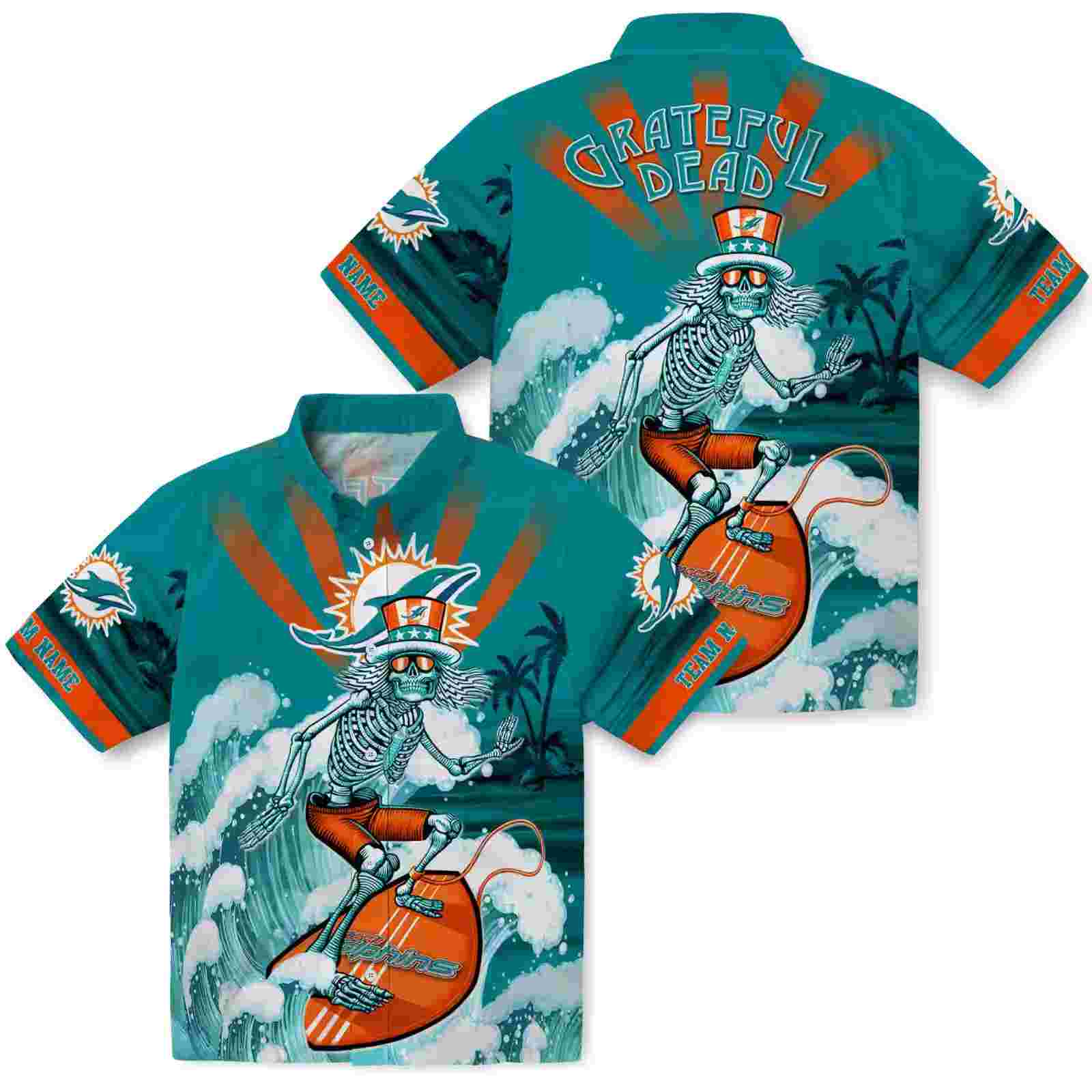 custom miami dolphins surfing skeleton aqua blue hawaiian shirt high quality