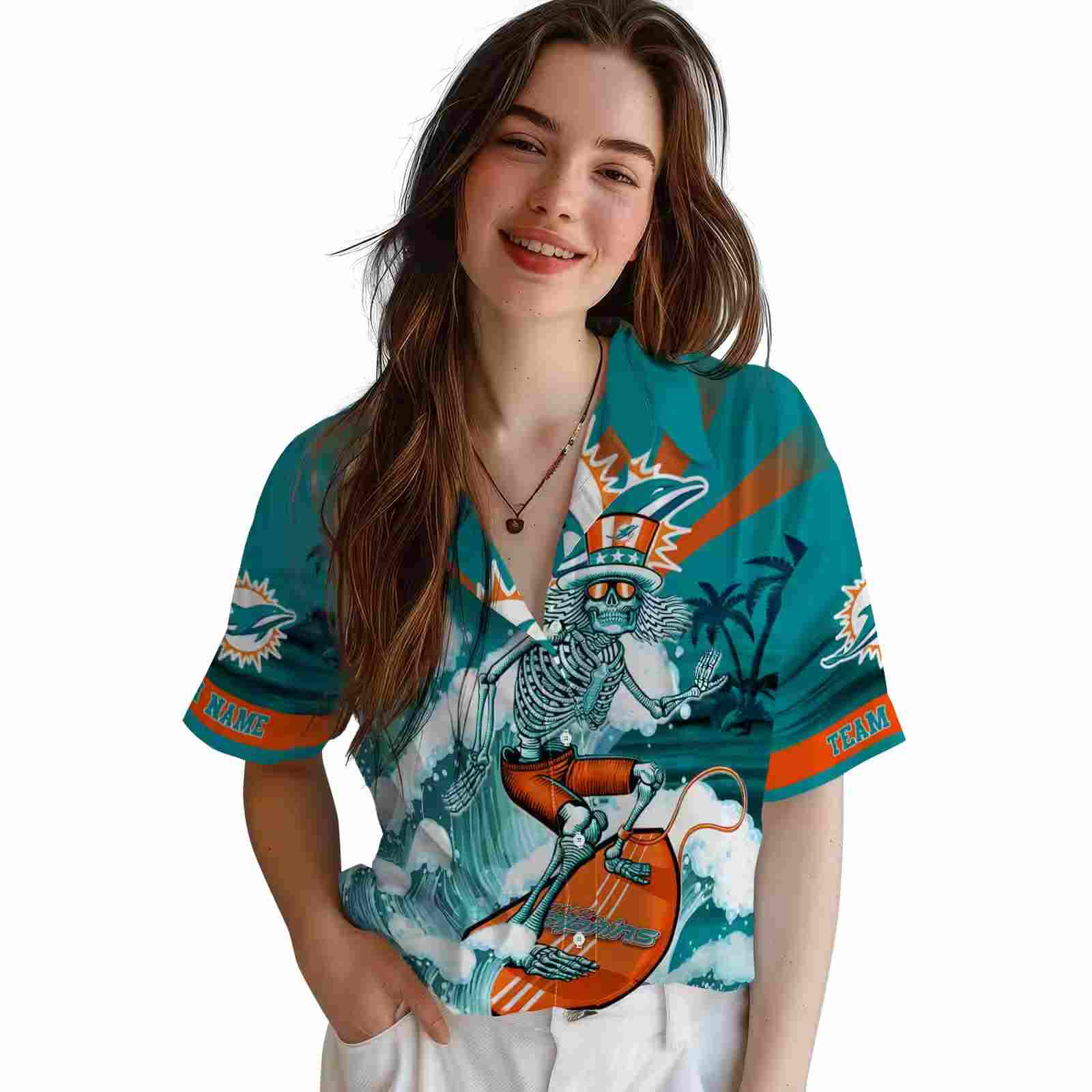 custom miami dolphins surfing skeleton aqua blue hawaiian shirt latest model