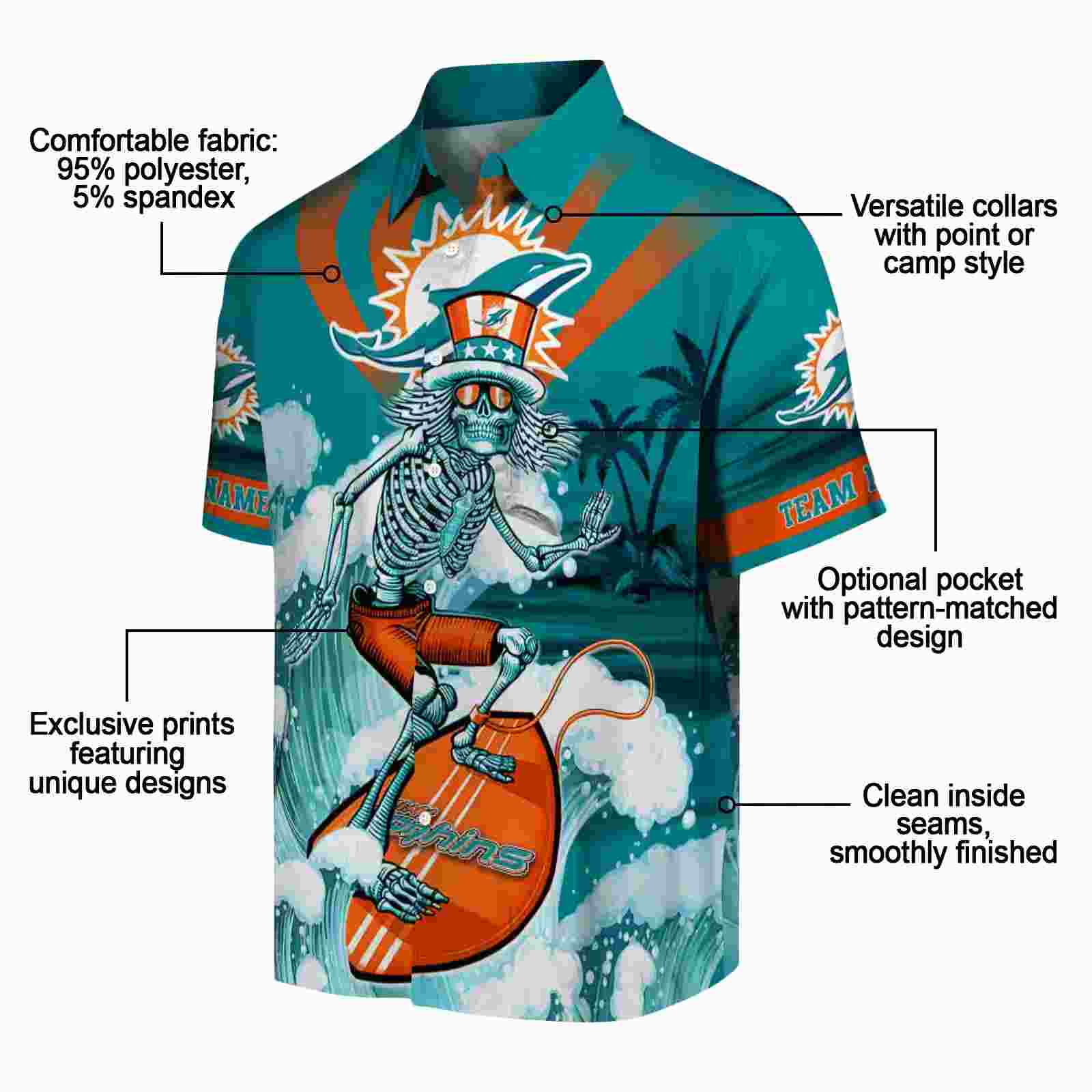 custom miami dolphins surfing skeleton aqua blue hawaiian shirt new arrival