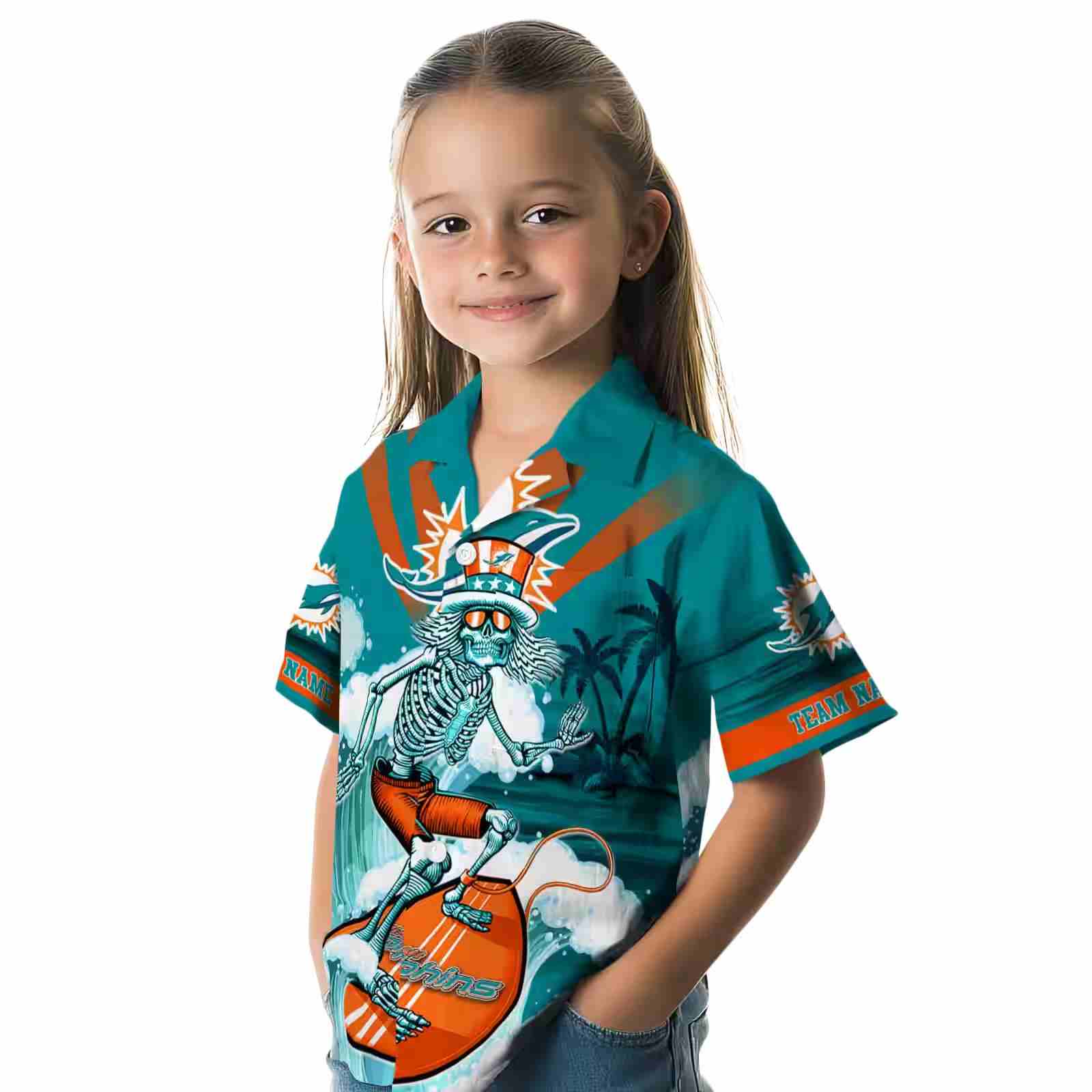 custom miami dolphins surfing skeleton aqua blue hawaiian shirt premium grade