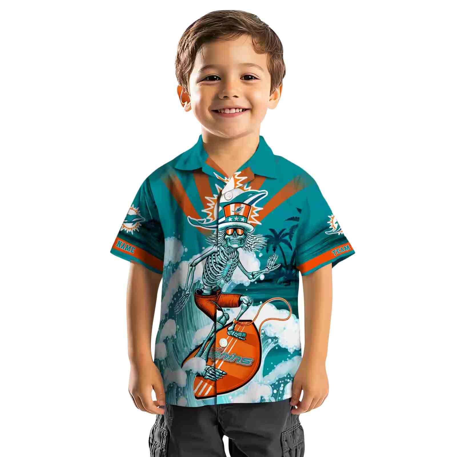 custom miami dolphins surfing skeleton aqua blue hawaiian shirt top rated