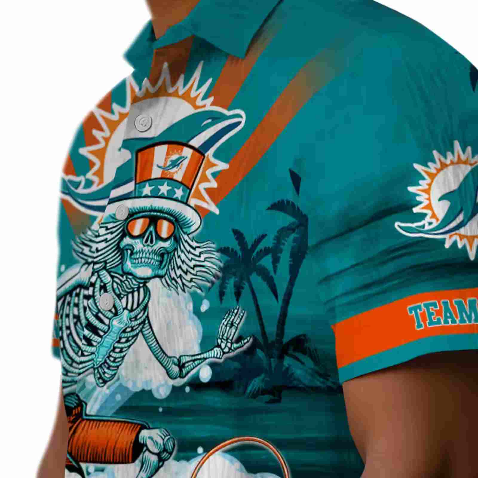 custom miami dolphins surfing skeleton aqua blue hawaiian shirt trendy