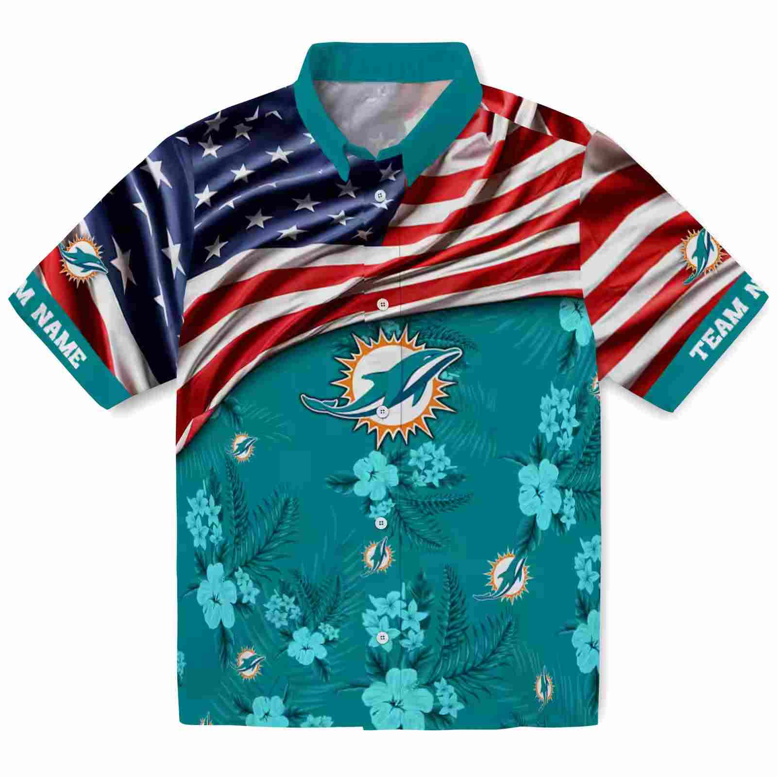 Custom Miami Dolphins US Flag Hibiscus Aqua Hawaiian Shirt