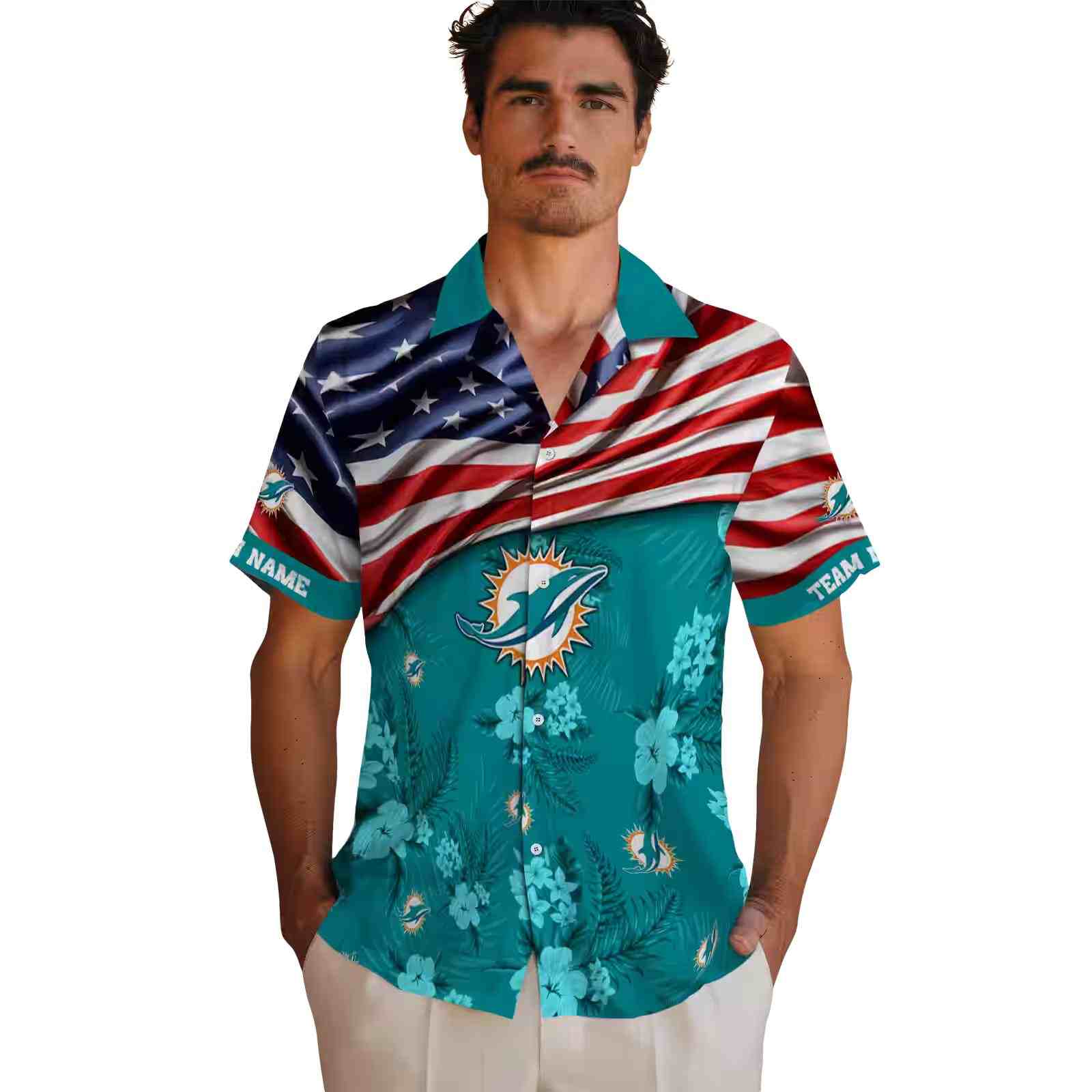 custom miami dolphins us flag hibiscus aqua hawaiian shirt fashion forward