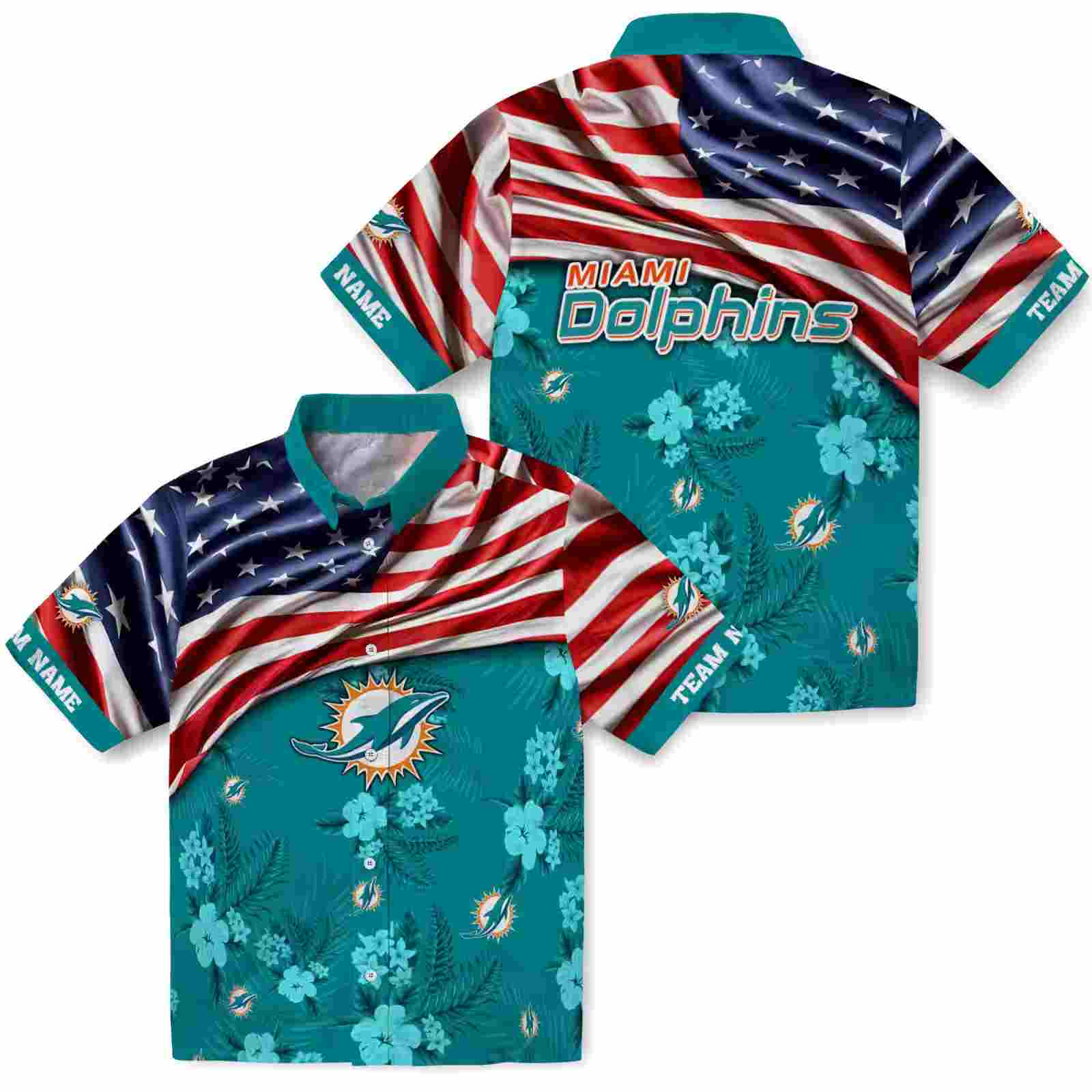 custom miami dolphins us flag hibiscus aqua hawaiian shirt high quality