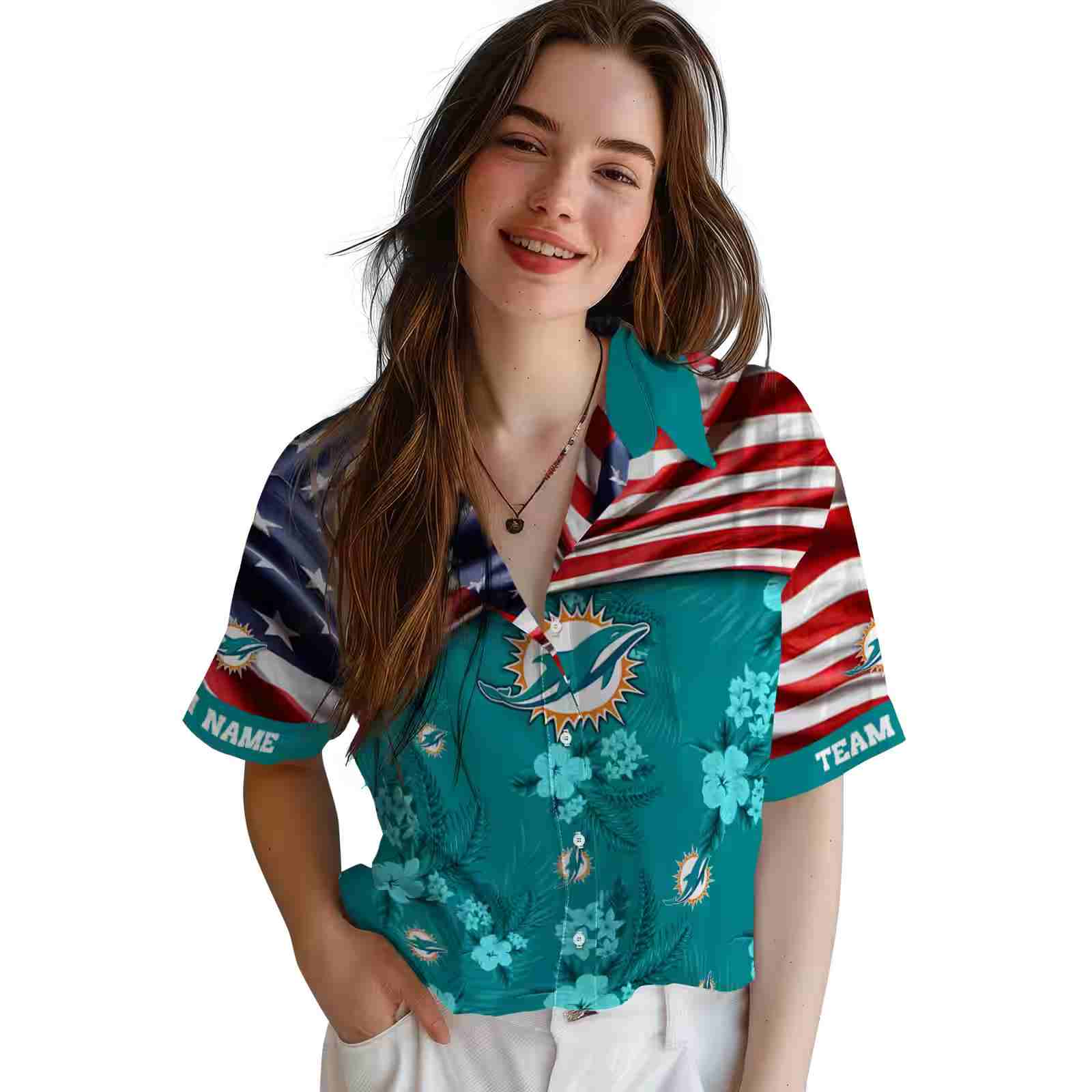 custom miami dolphins us flag hibiscus aqua hawaiian shirt latest model