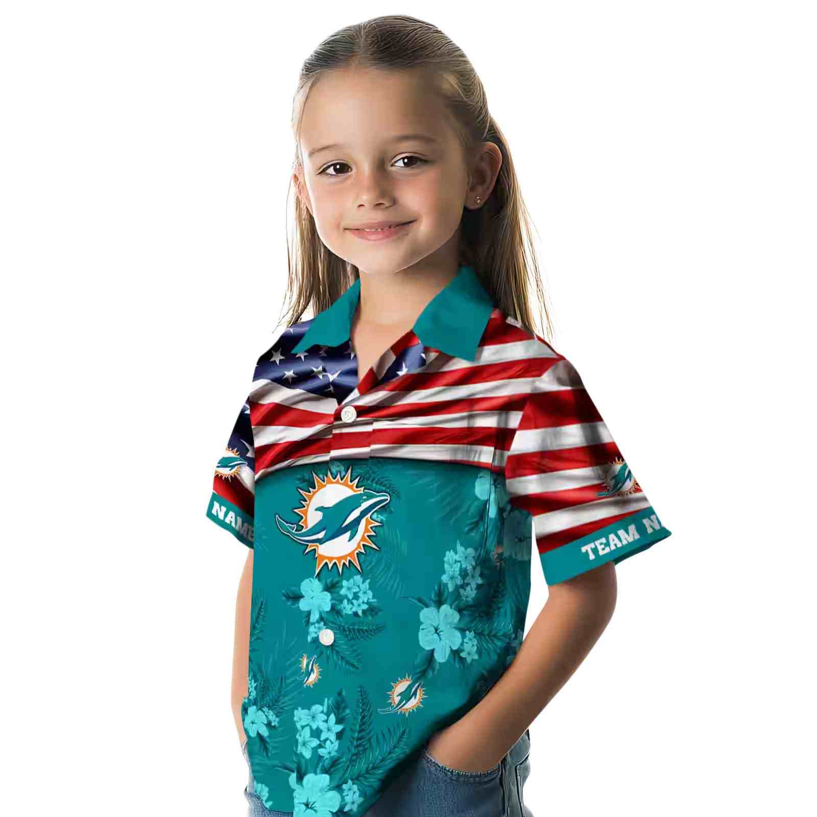 custom miami dolphins us flag hibiscus aqua hawaiian shirt premium grade