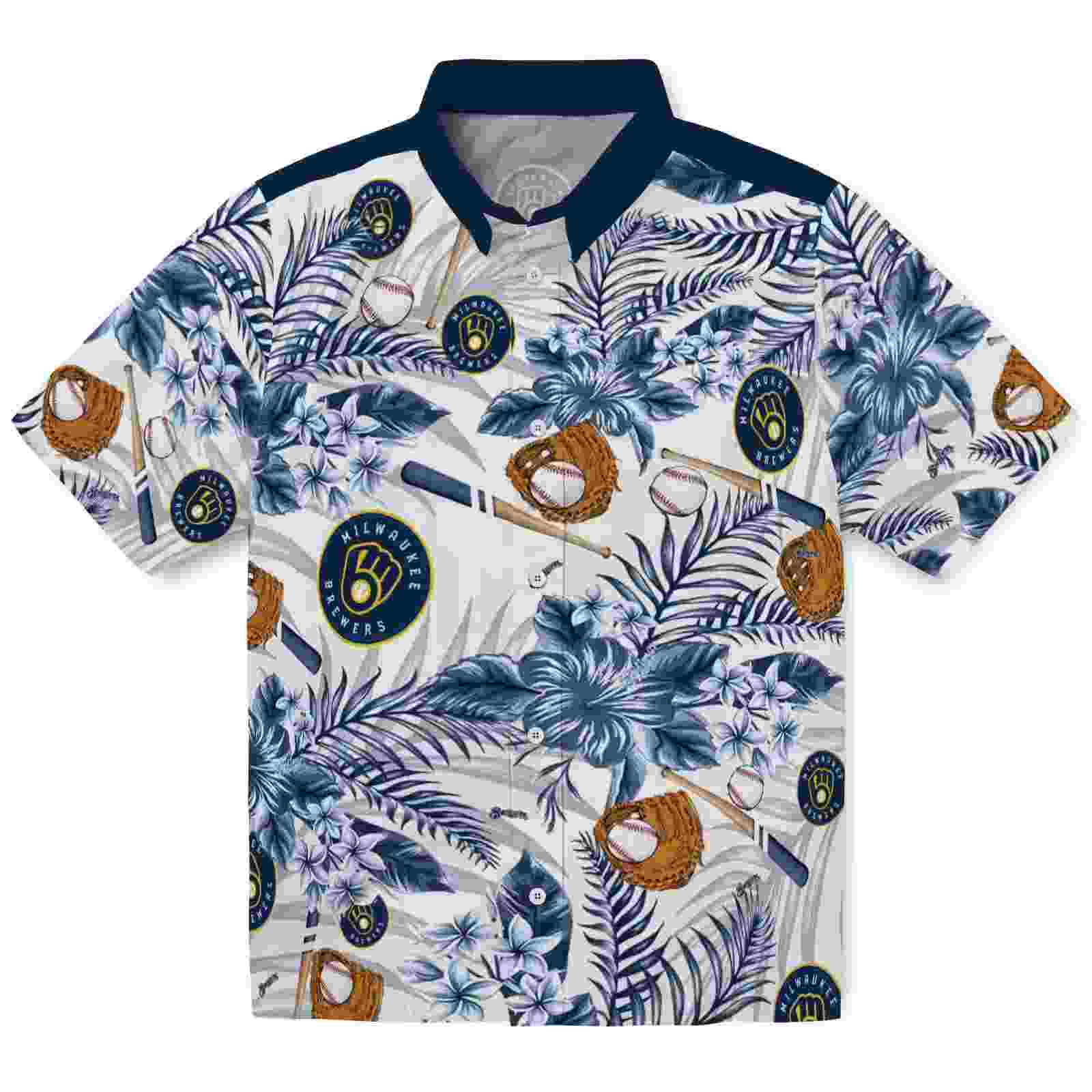 Custom Milwaukee Brewers Floral Baseball Navy Blue White Hawaiian Shirt