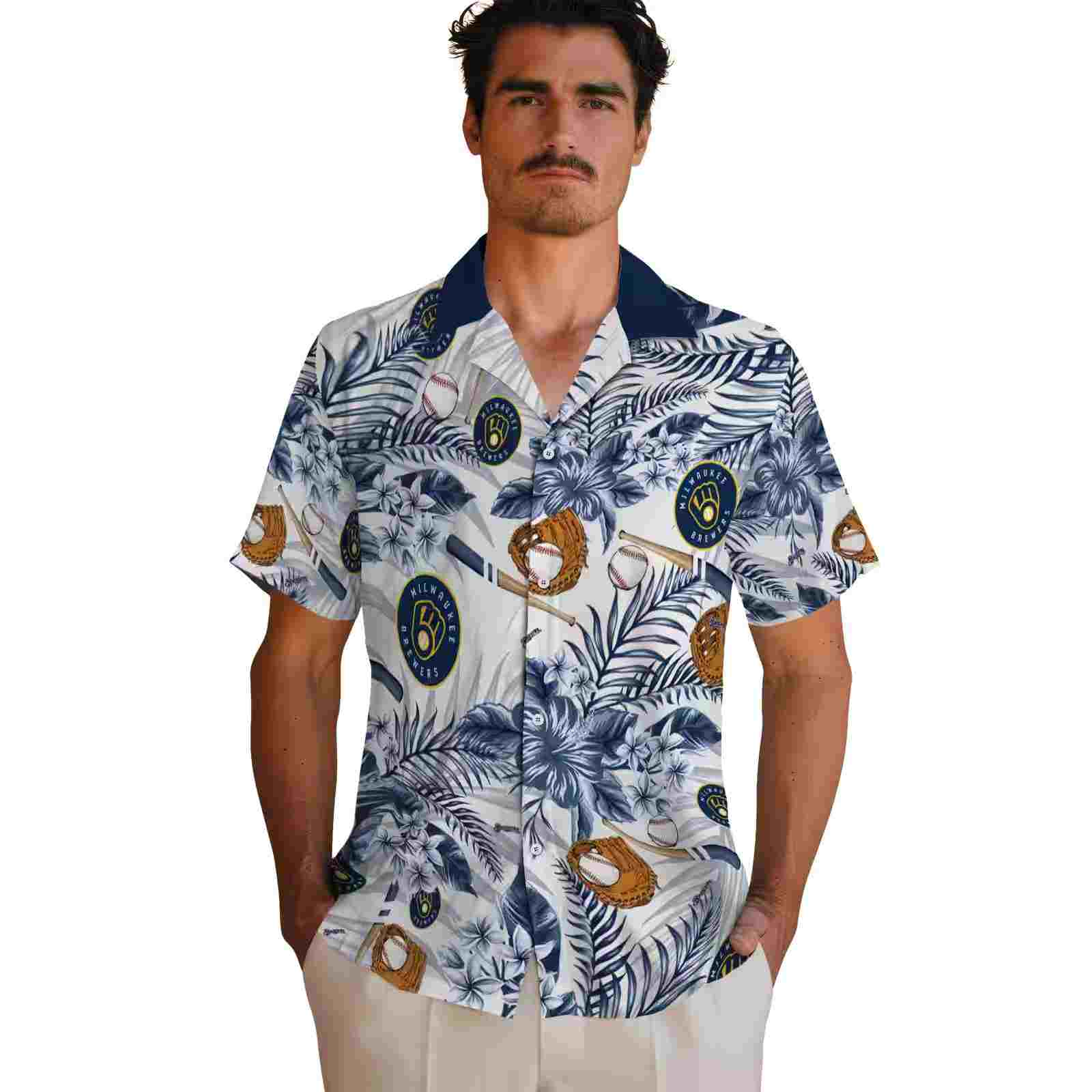 custom milwaukee brewers floral baseball navy blue white hawaiian shirt fashion forward