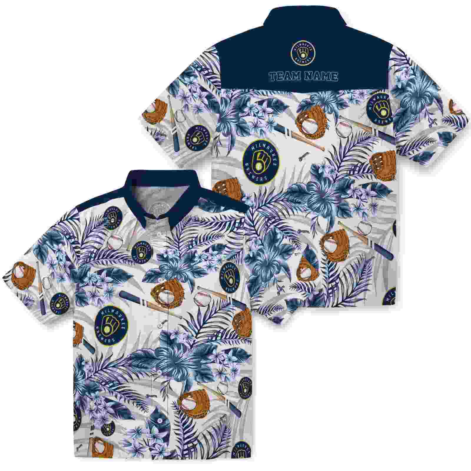 custom milwaukee brewers floral baseball navy blue white hawaiian shirt high quality