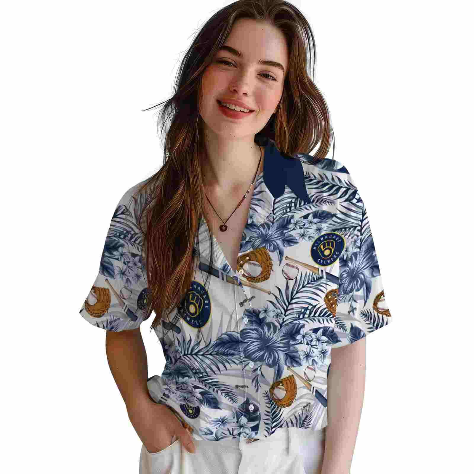 custom milwaukee brewers floral baseball navy blue white hawaiian shirt latest model