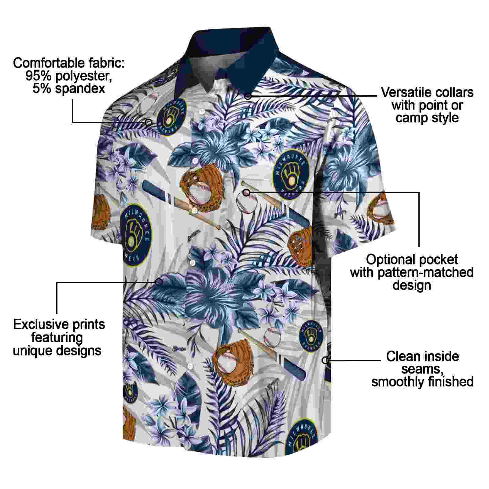 custom milwaukee brewers floral baseball navy blue white hawaiian shirt new arrival