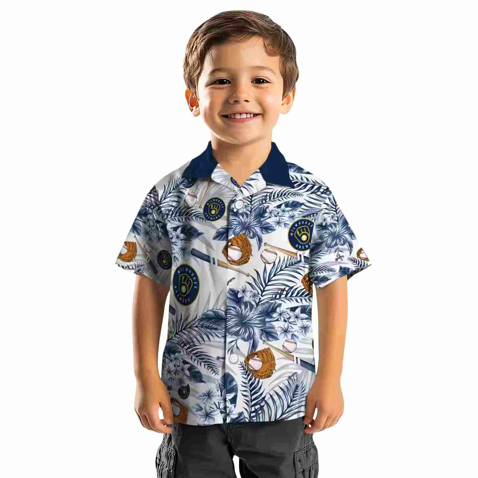 custom milwaukee brewers floral baseball navy blue white hawaiian shirt top rated