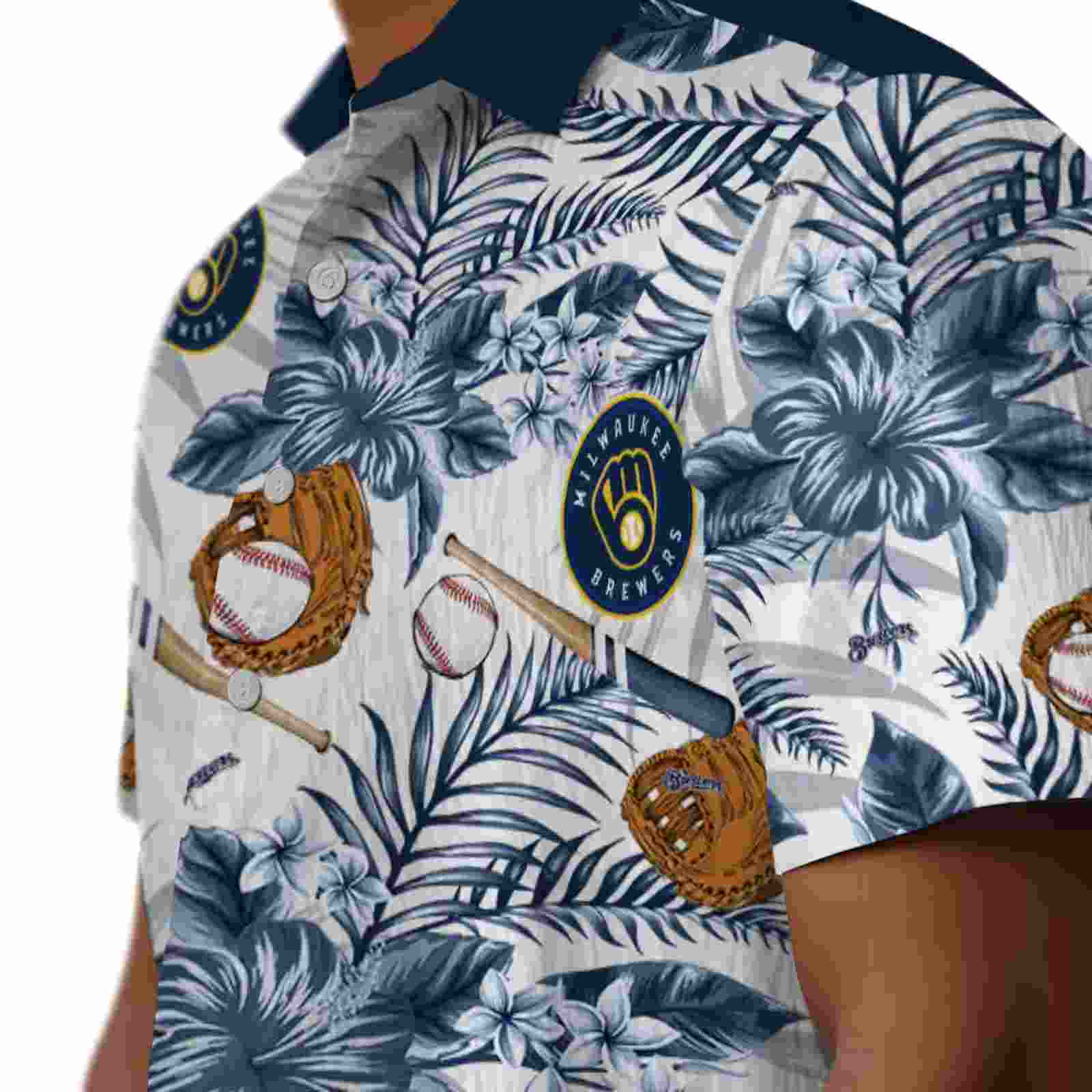 custom milwaukee brewers floral baseball navy blue white hawaiian shirt trendy