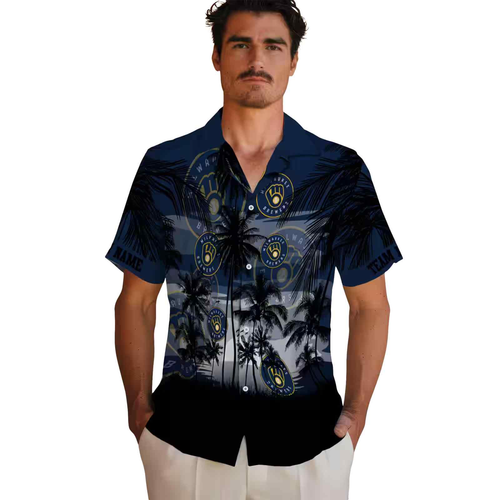 custom milwaukee brewers sunset scene navy blue black hawaiian shirt fashion forward