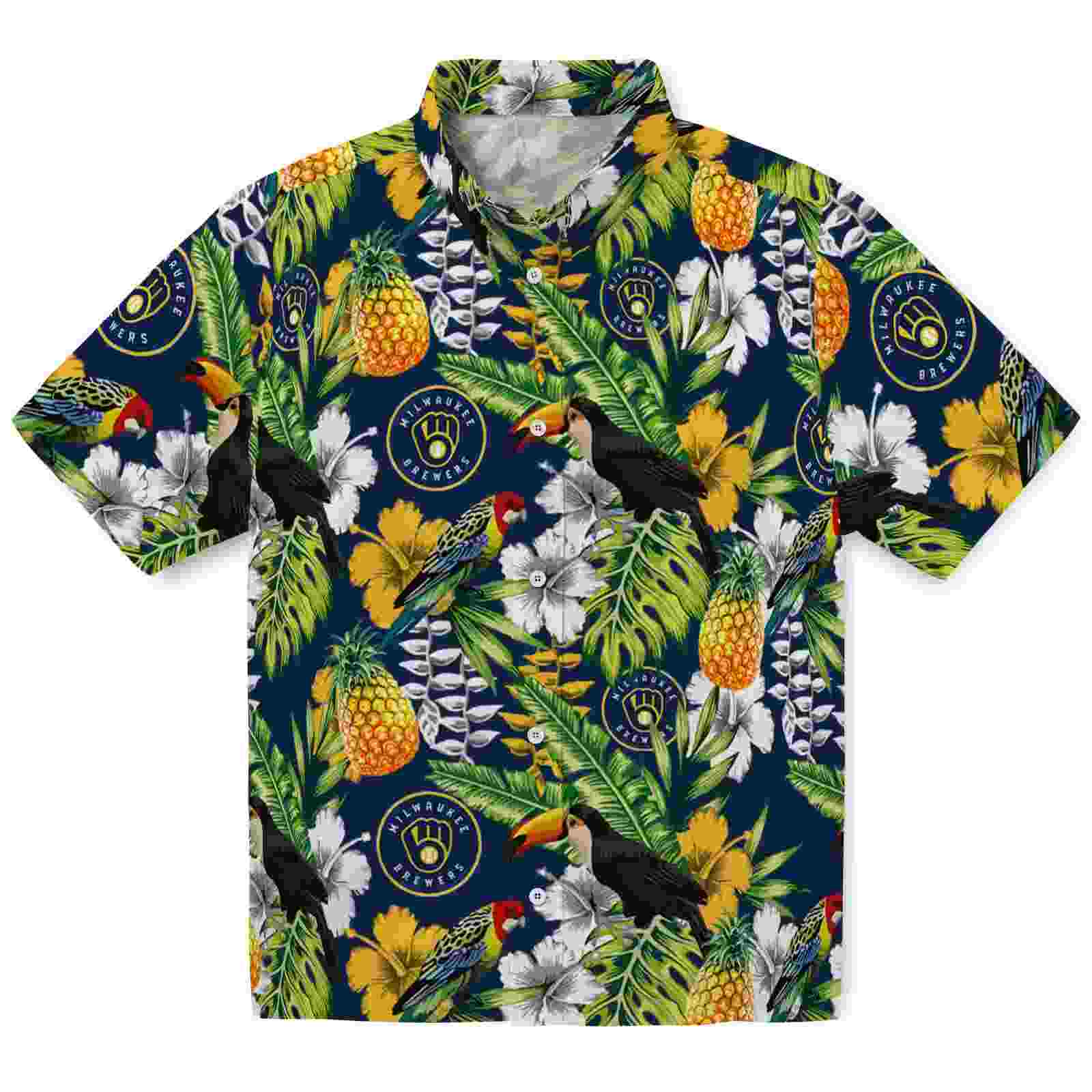 Custom Milwaukee Brewers Tropical Toucan Navy Blue Green Hawaiian Shirt