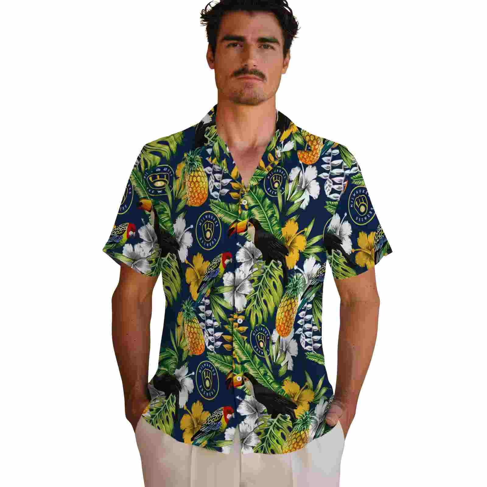 custom milwaukee brewers tropical toucan navy blue green hawaiian shirt fashion forward