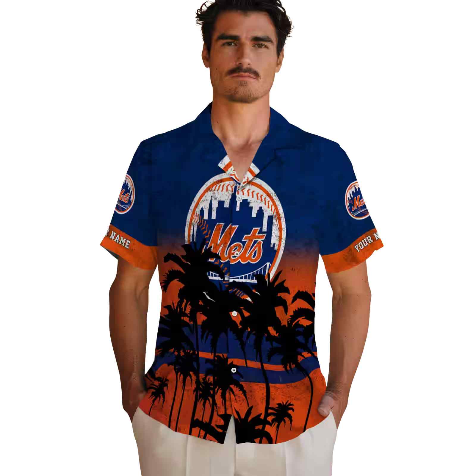 custom new york mets sunset pattern blue black hawaiian shirt fashion forward