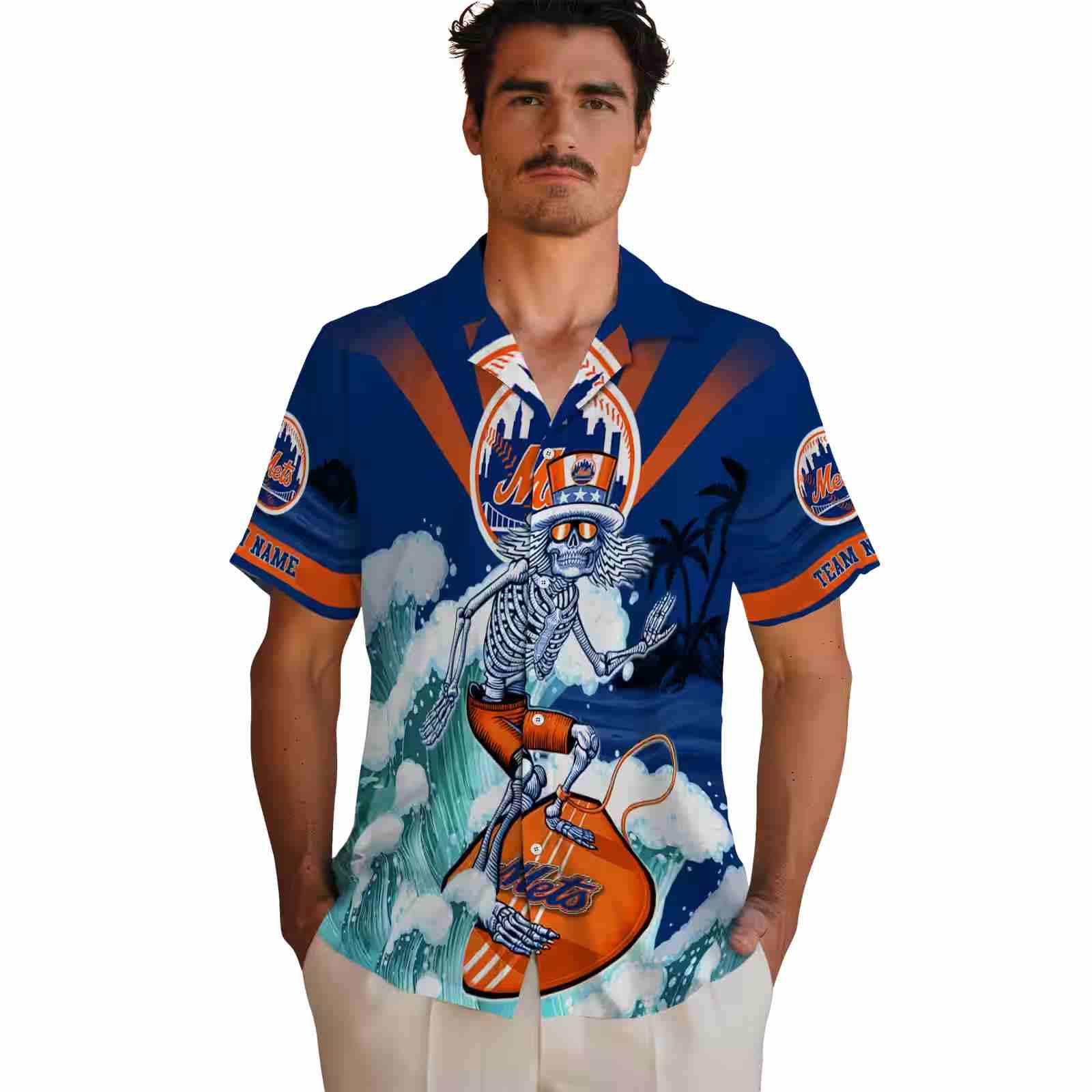 custom new york mets surfing skeleton blue hawaiian shirt fashion forward