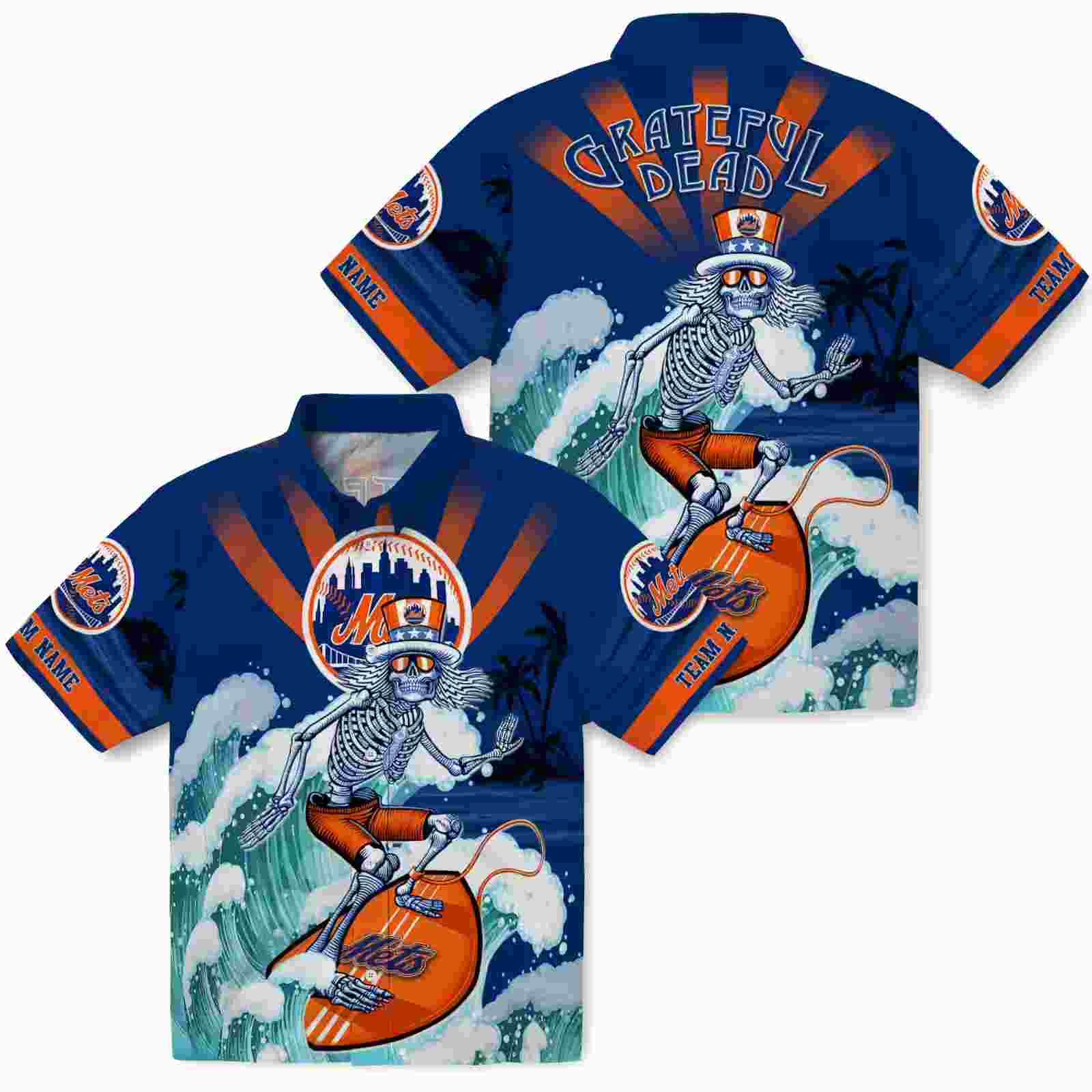 custom new york mets surfing skeleton blue hawaiian shirt high quality