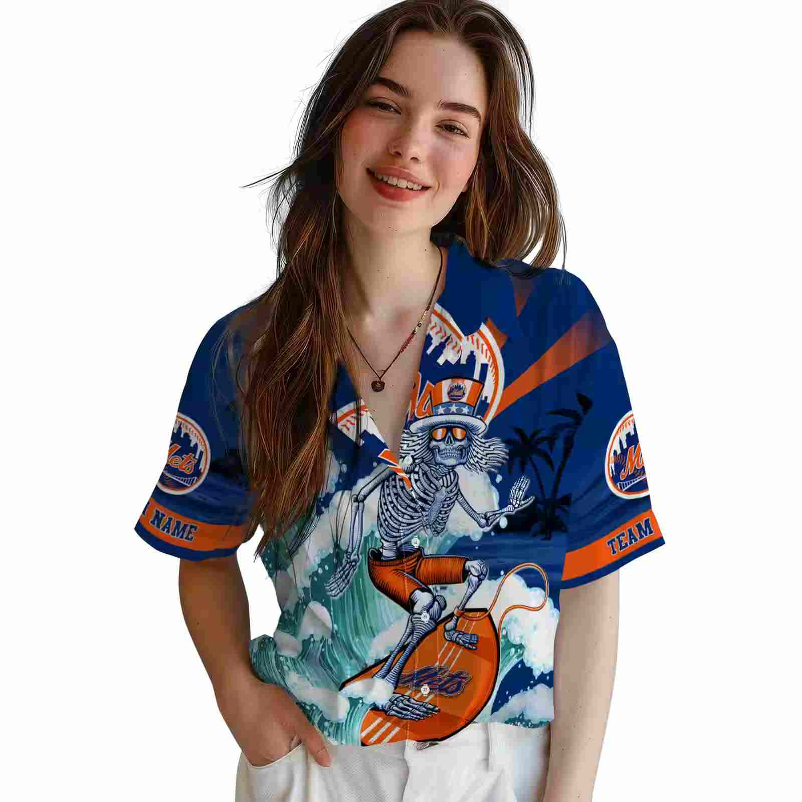 custom new york mets surfing skeleton blue hawaiian shirt latest model