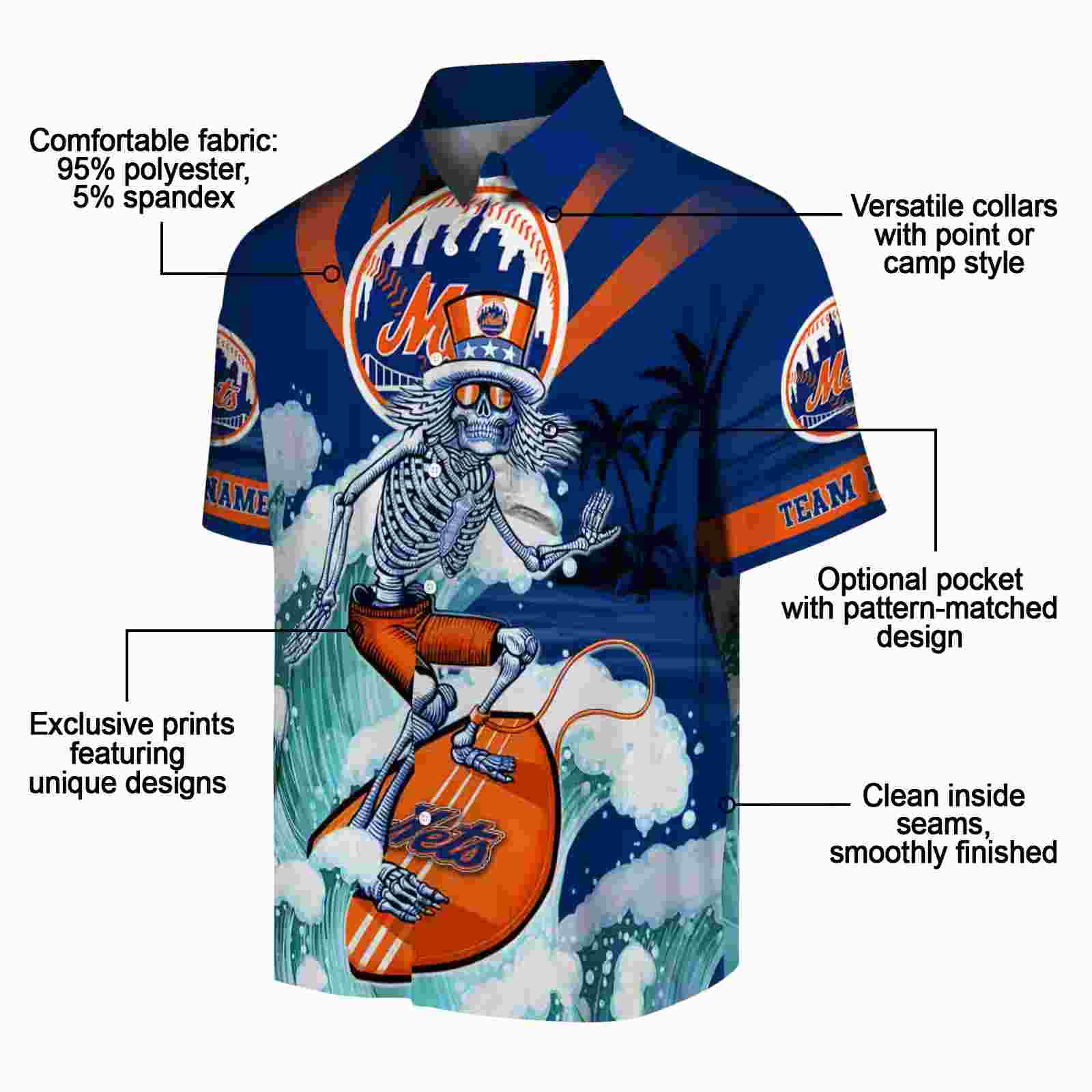 custom new york mets surfing skeleton blue hawaiian shirt new arrival