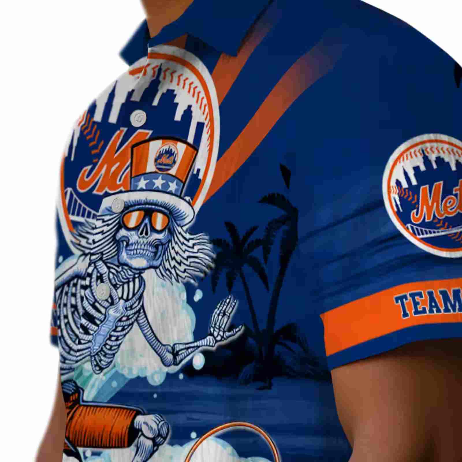 custom new york mets surfing skeleton blue hawaiian shirt trendy