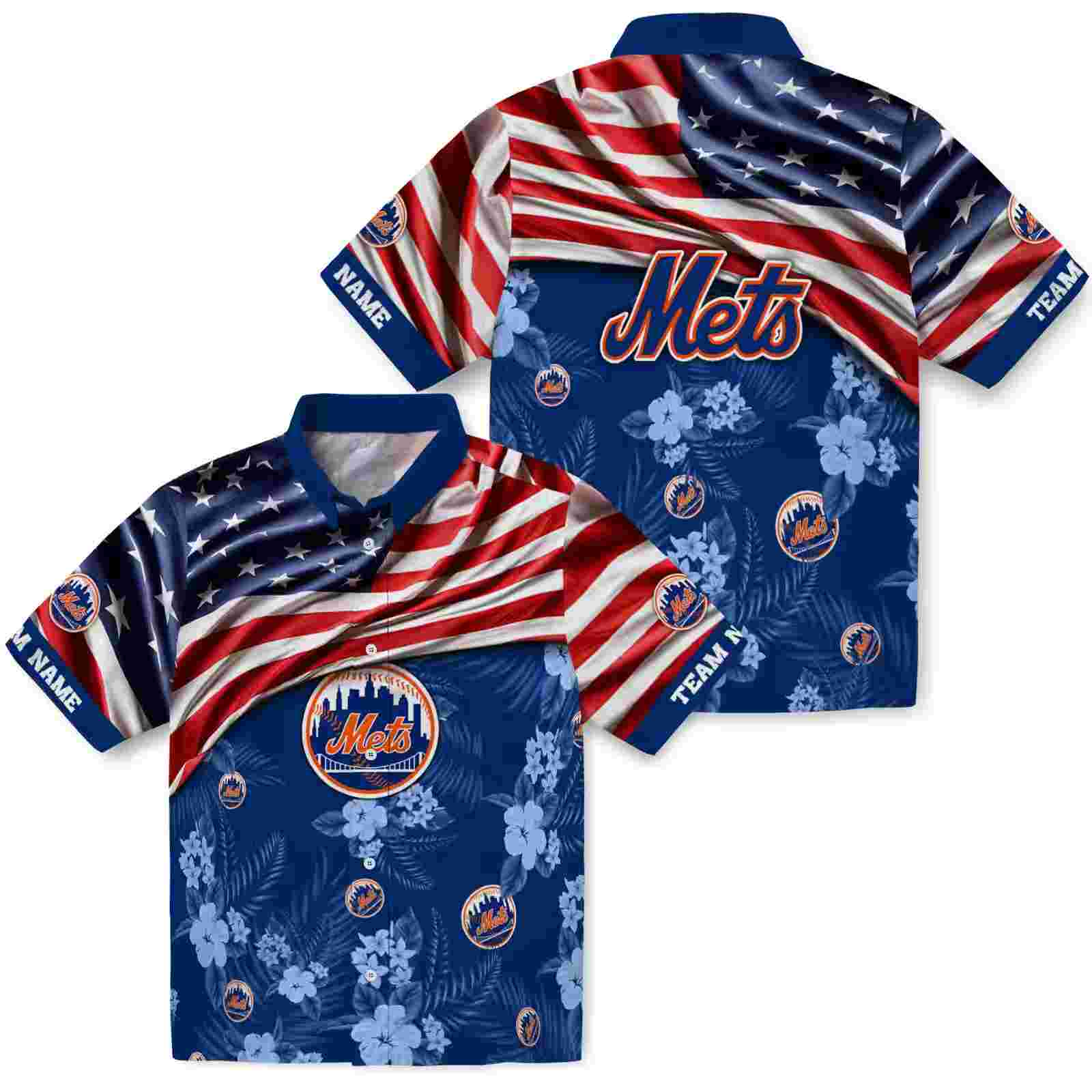 custom new york mets us flag hibiscus blue hawaiian shirt high quality