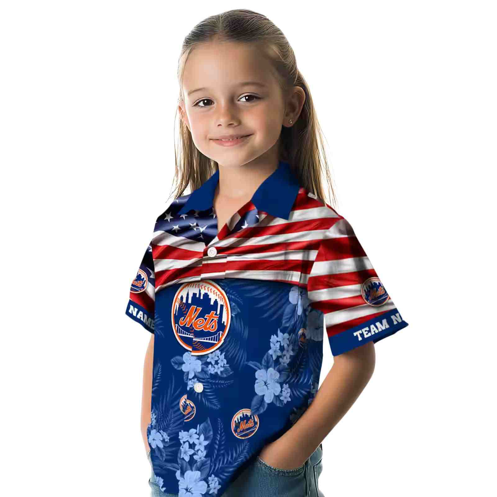 custom new york mets us flag hibiscus blue hawaiian shirt premium grade