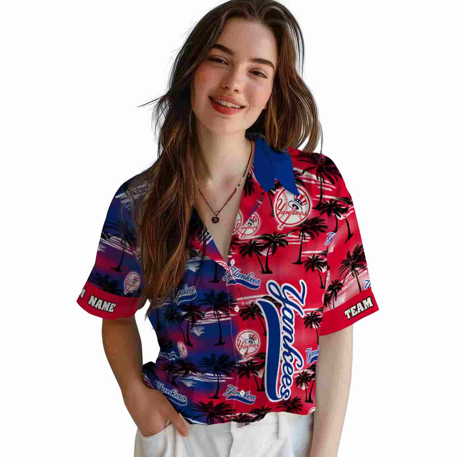 custom new york yankees palm silhouettes navy hawaiian shirt latest model