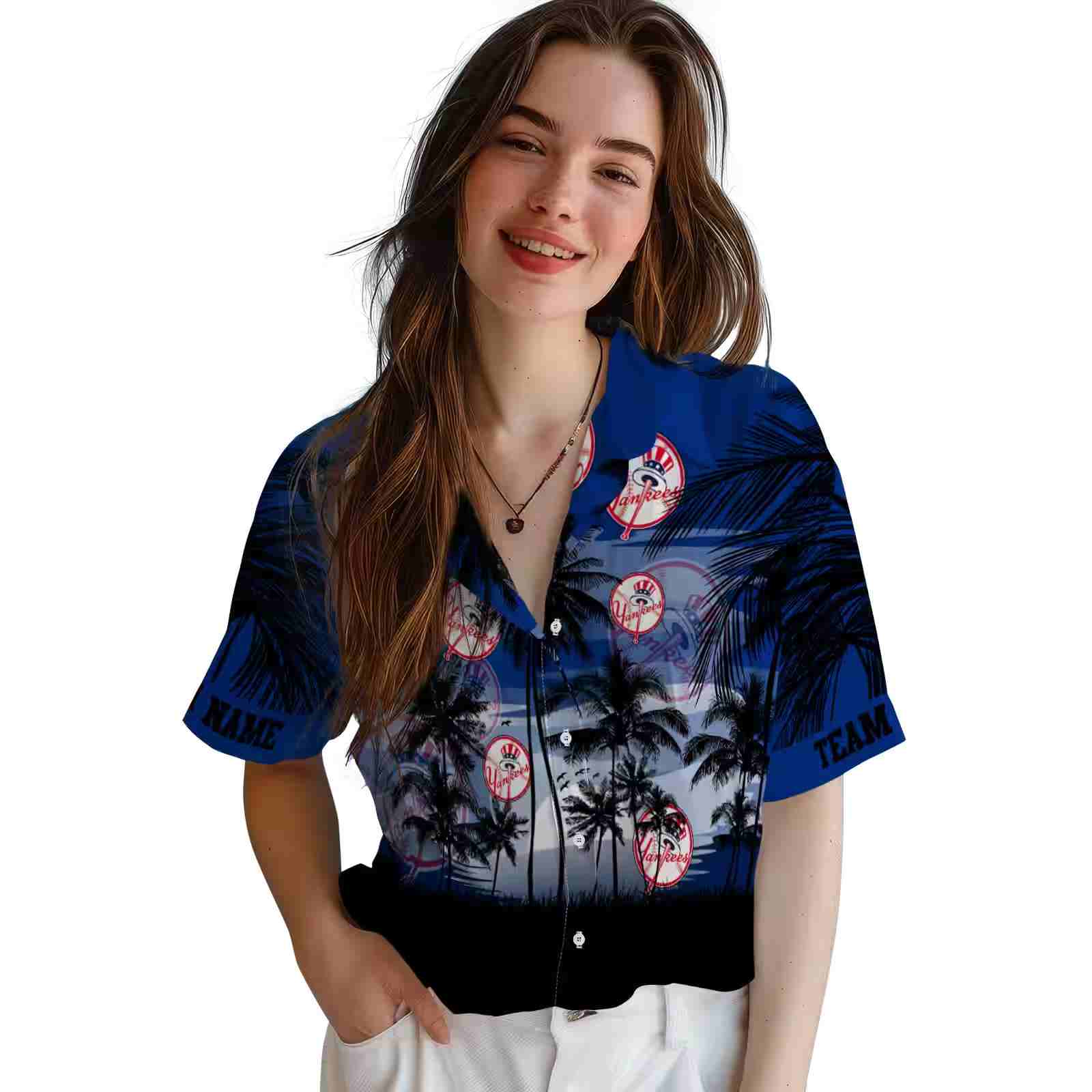 custom new york yankees sunset scene navy black hawaiian shirt latest model