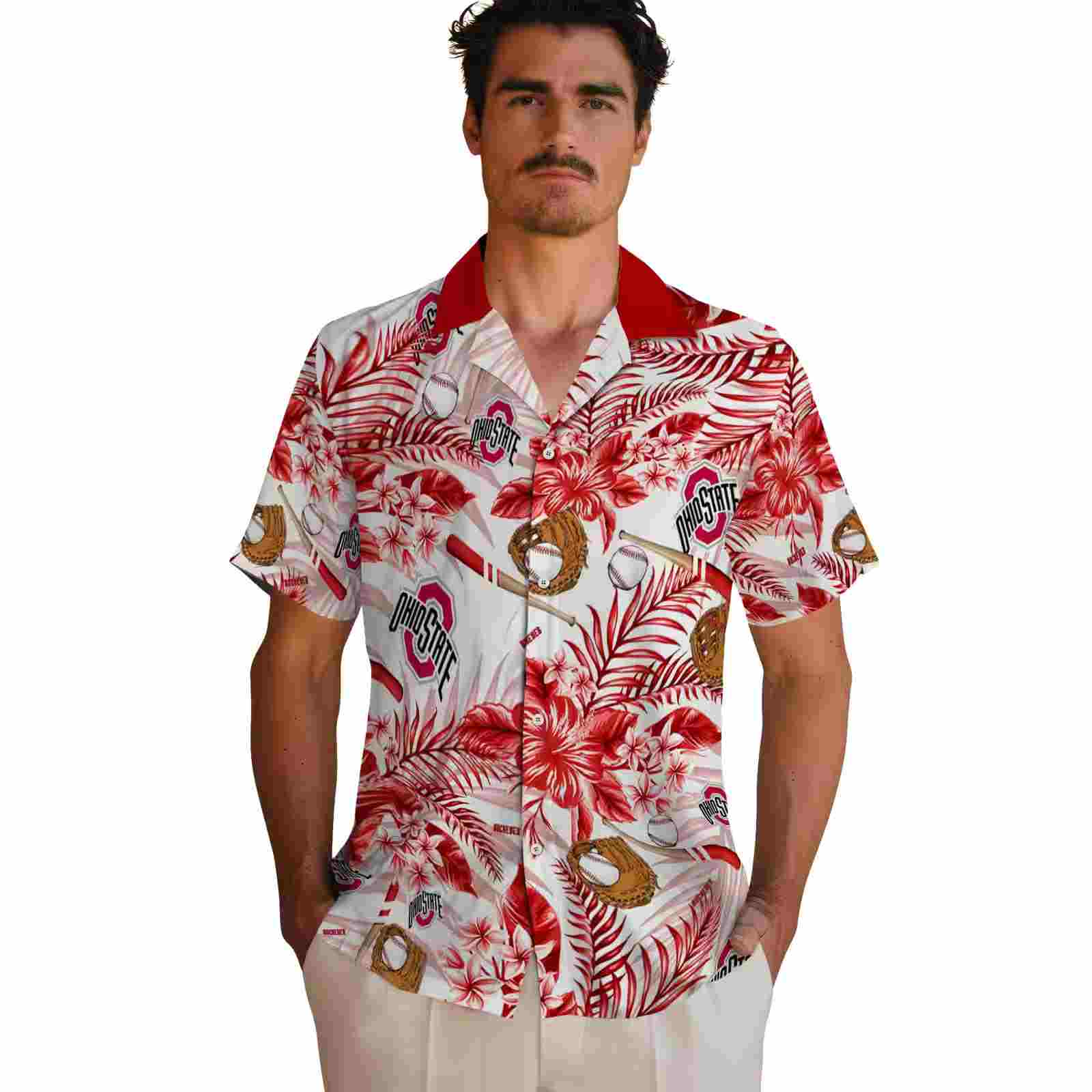 custom ohio state buckeyes floral baseball scarlet white hawaiian shirt fashion forward