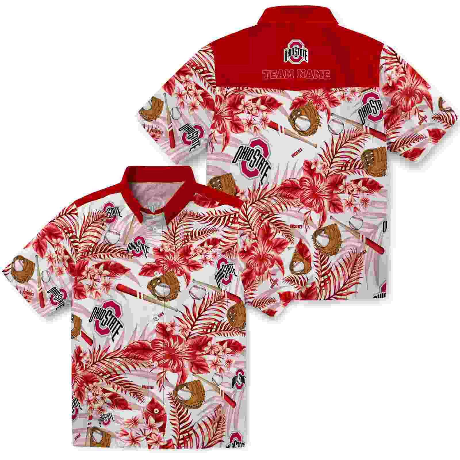 custom ohio state buckeyes floral baseball scarlet white hawaiian shirt high quality