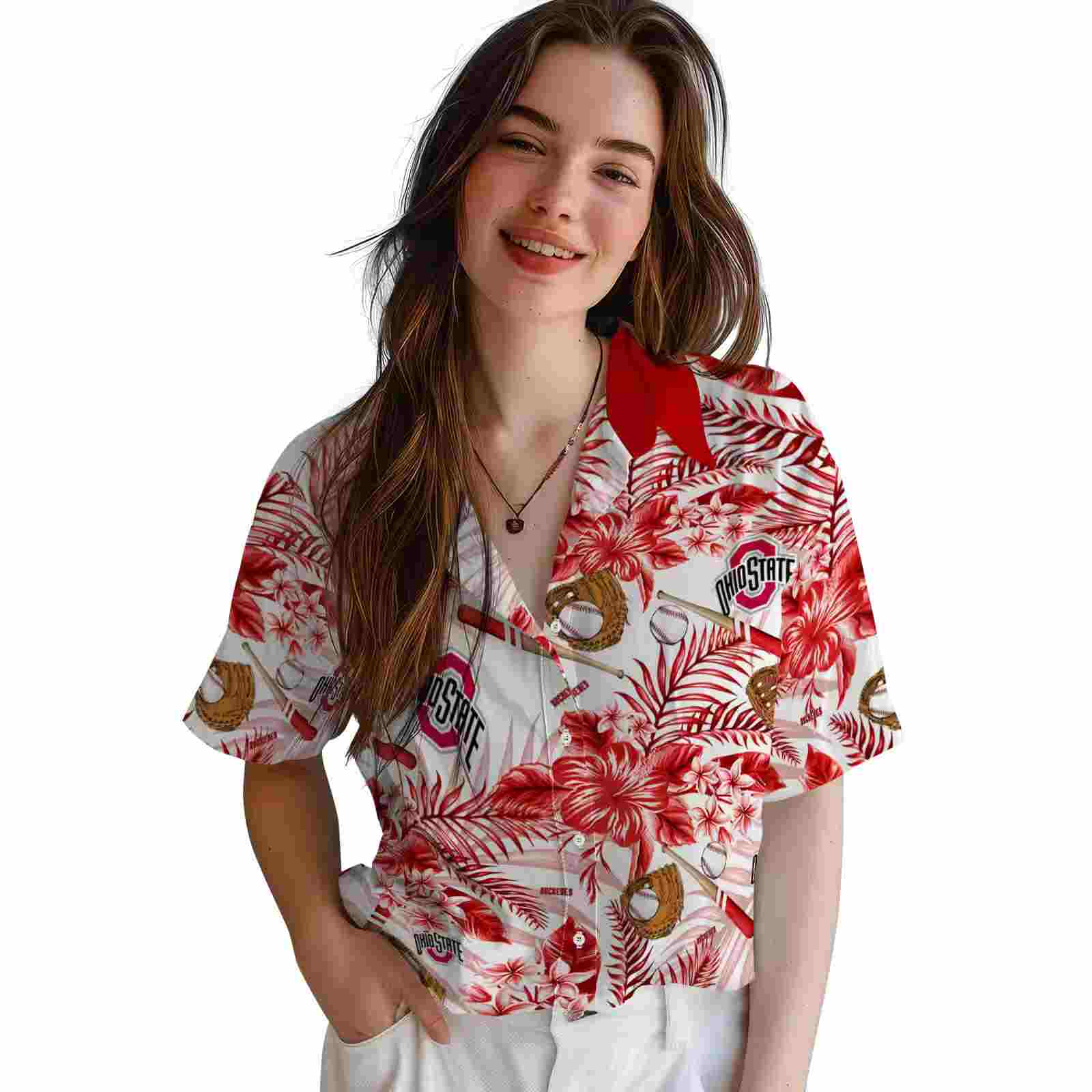 custom ohio state buckeyes floral baseball scarlet white hawaiian shirt latest model