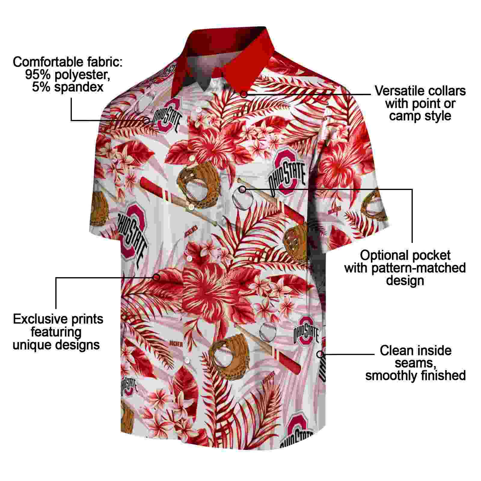 custom ohio state buckeyes floral baseball scarlet white hawaiian shirt new arrival